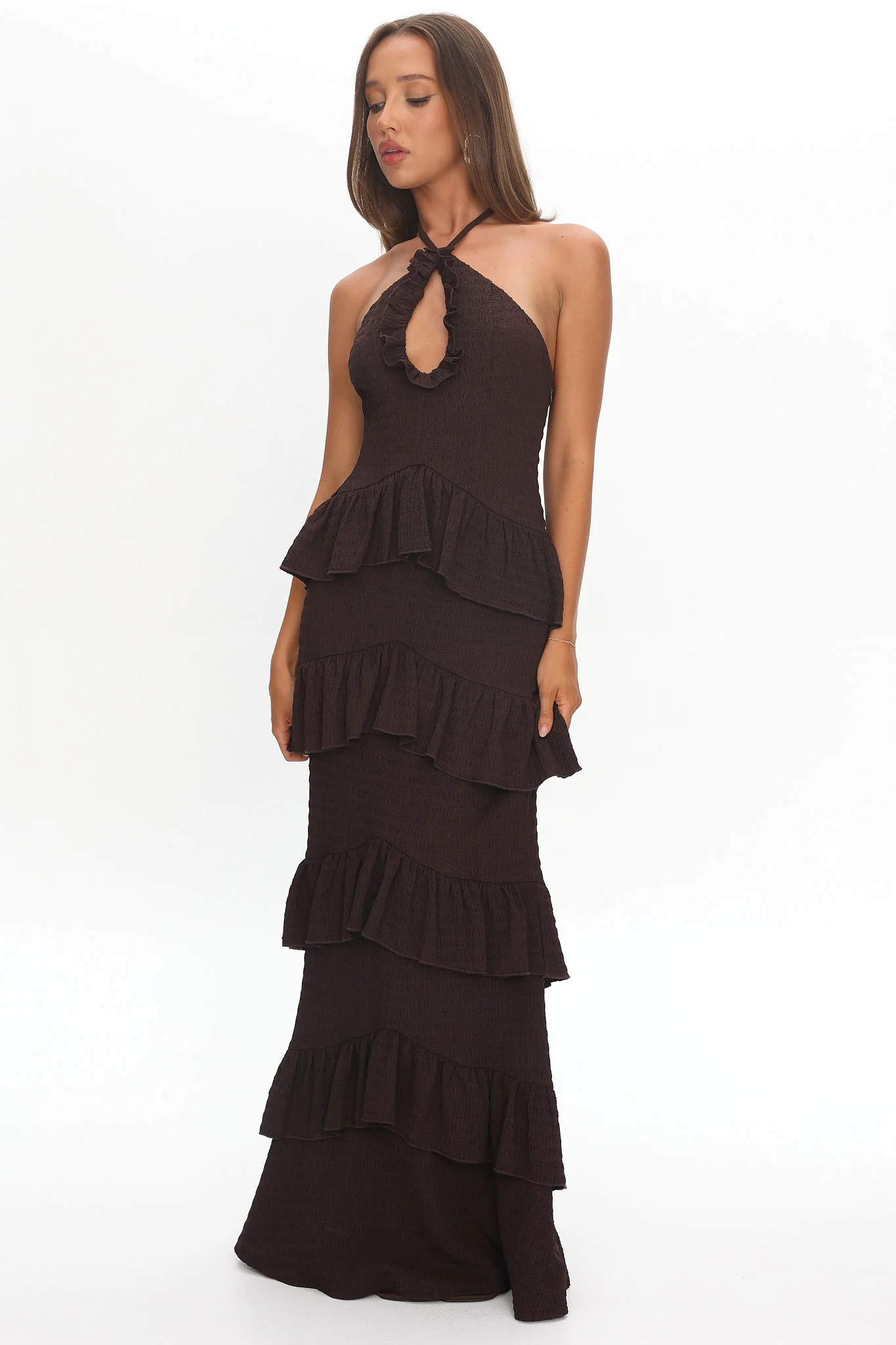 Dulce Dreams Halterneck Frill Maxi Dress Chocolate