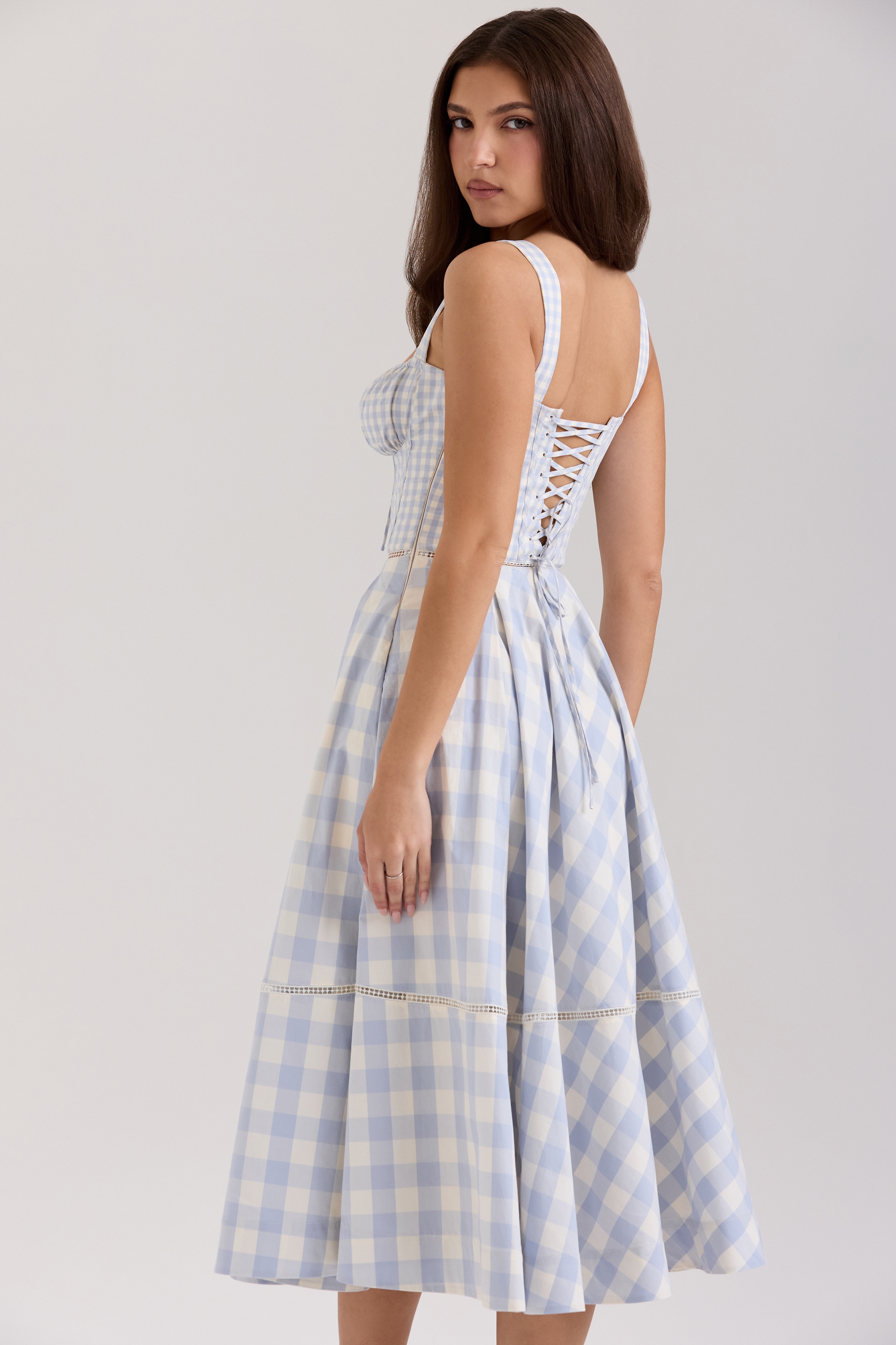 Light Blue Gingham Stretch Cotton Midi Dress