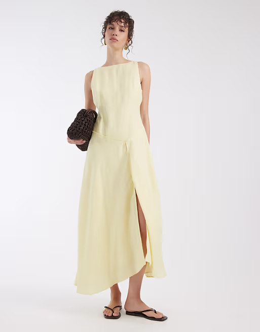 premium 100% linen slash neck midi dress with asymmetric dropped waist in lemon
