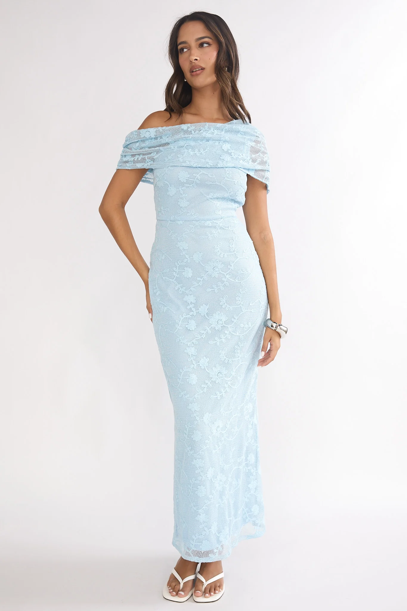 Elita Asymmetric Neckline Lace Maxi Dress Blue