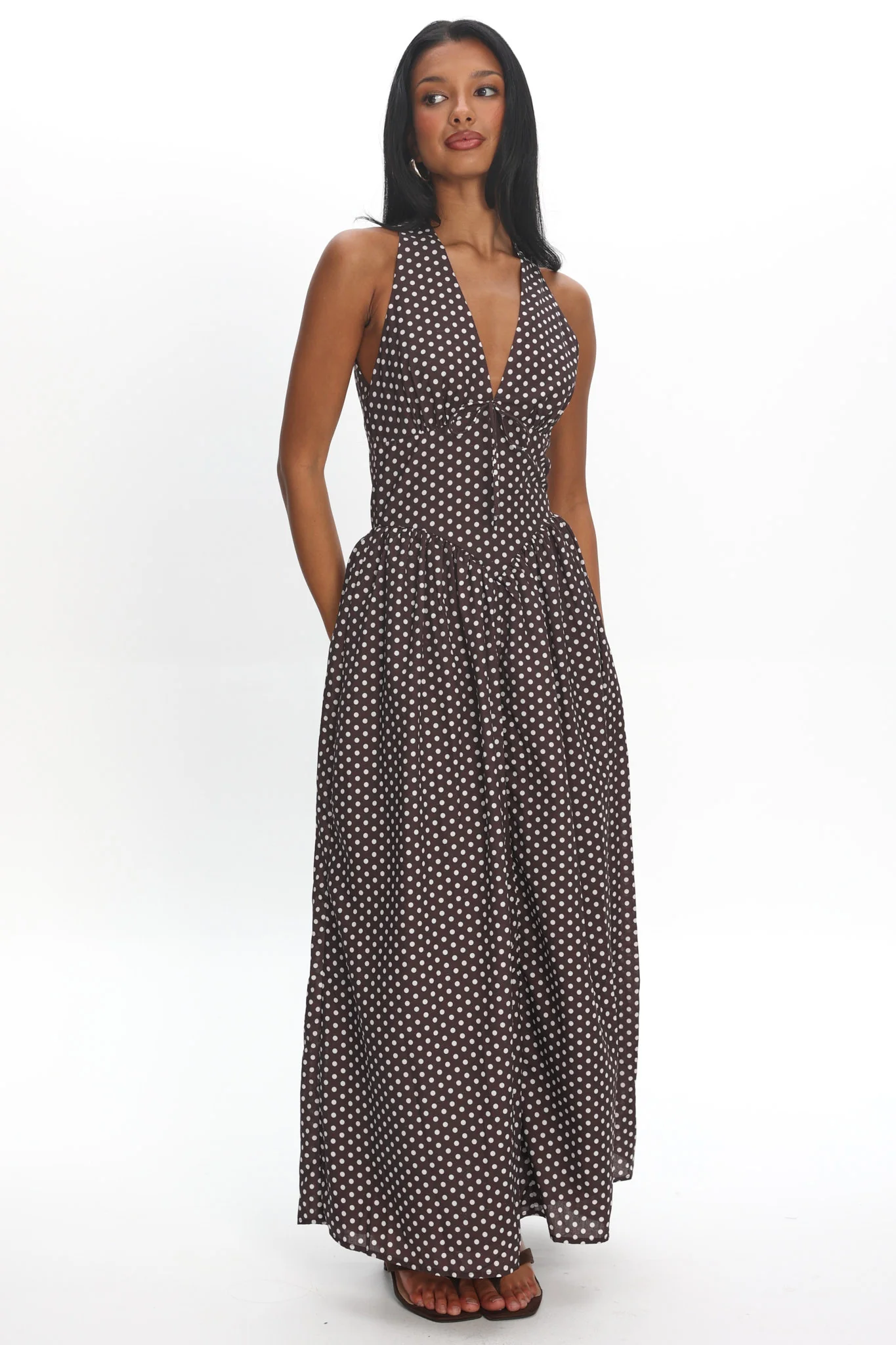 Clarette Basque Waist Open Back Maxi Dress Spotted Chocolate