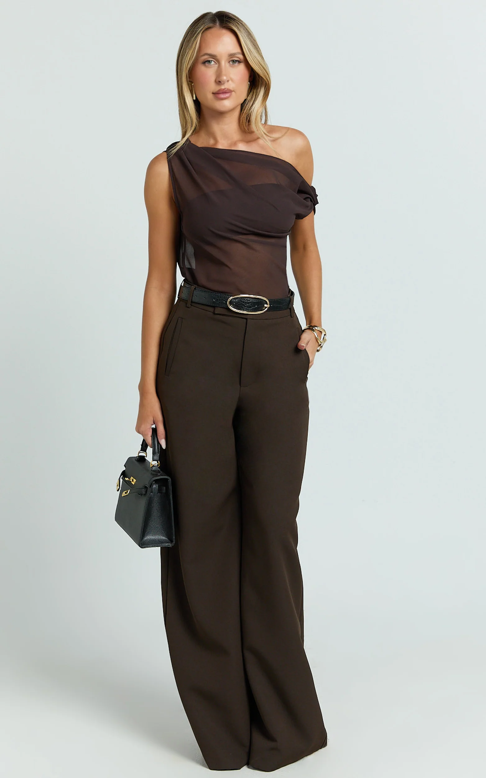 Milla Top - Georgette Asymmetric Draped Top in Chocolate