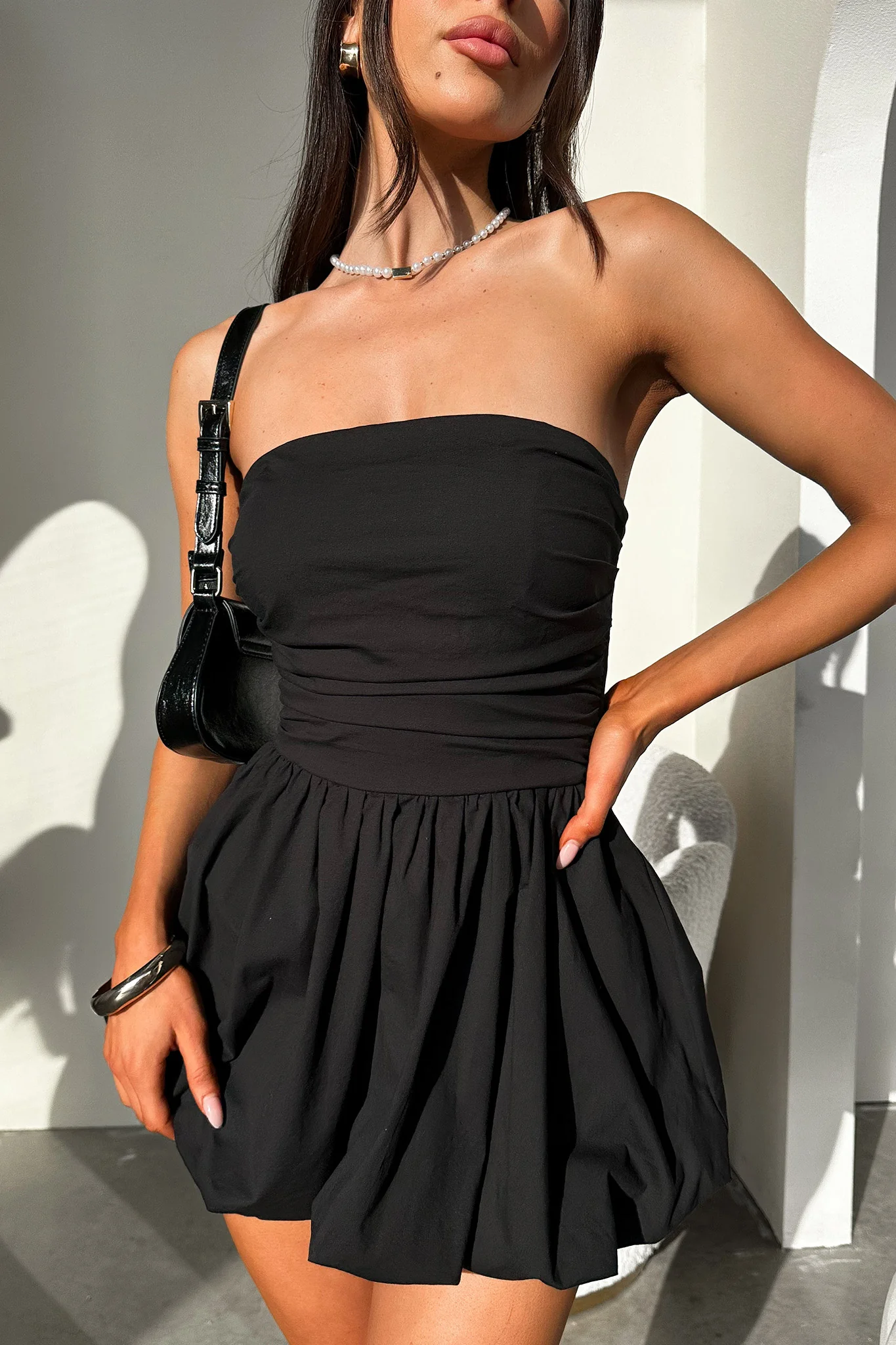 Olicia Strapless Bubble Skirt Mini Dress - Black