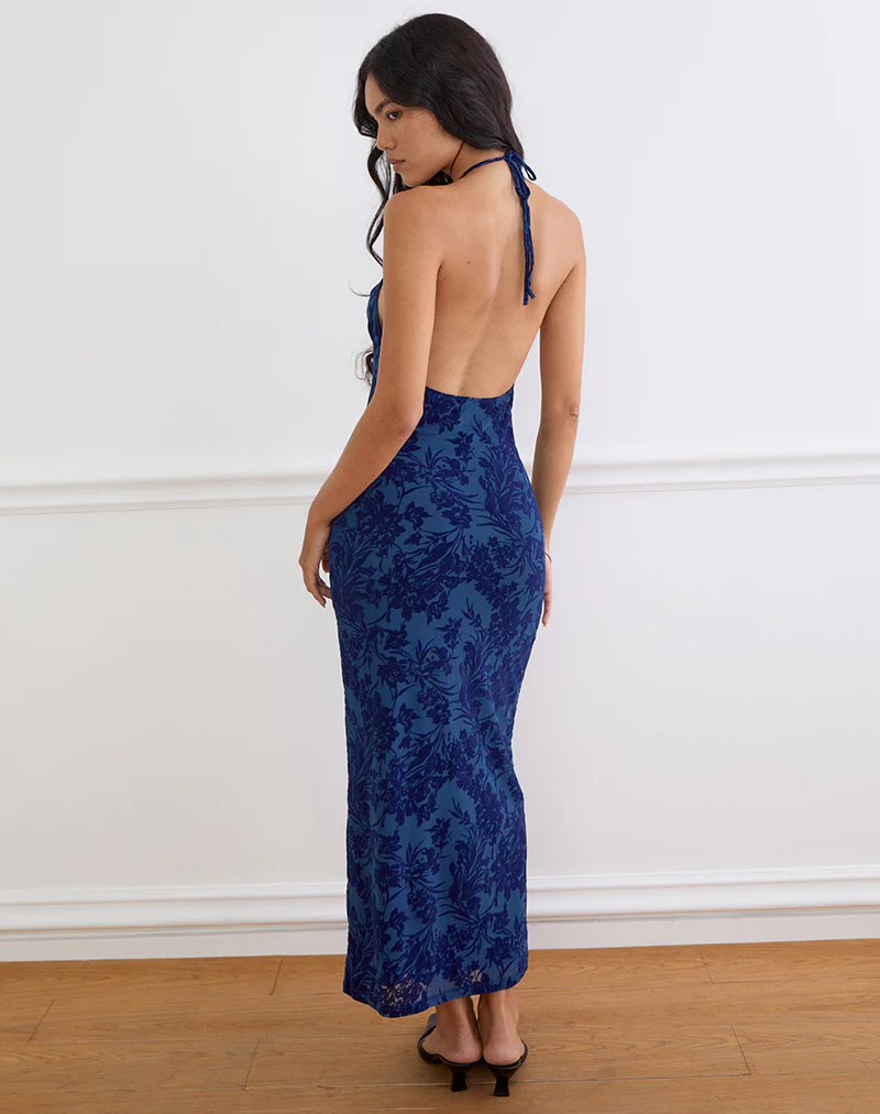 Dawn Maxi Dress in Midnight Leaf Flock Navy