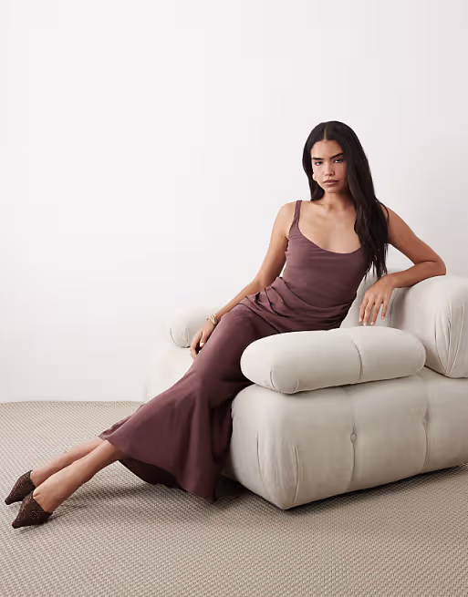 deep scoop neck midaxi dress with asymmetric draped skirt overlay in chocolate