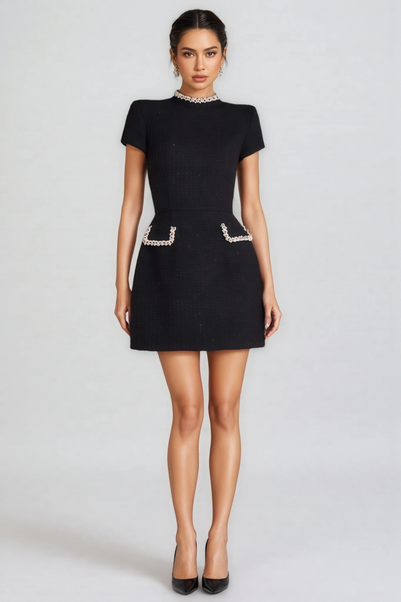 Fifer Black Beaded Chambray Mini Dress