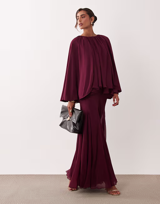 full volume cape maxi dress with godets in berry