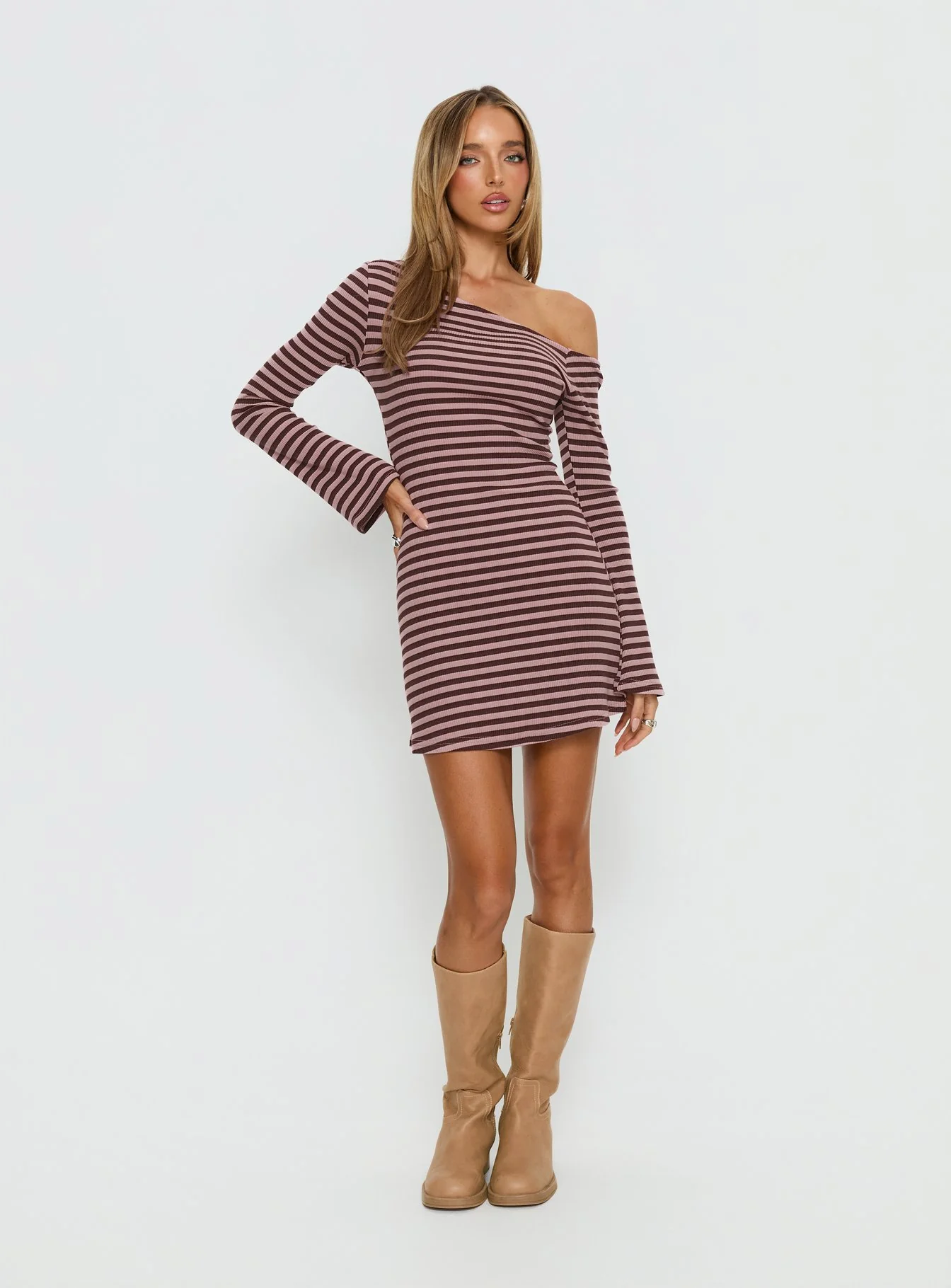 Adrietta Long Sleeve Off Shoulder Mini Dress Chocolate / Pink Stripe