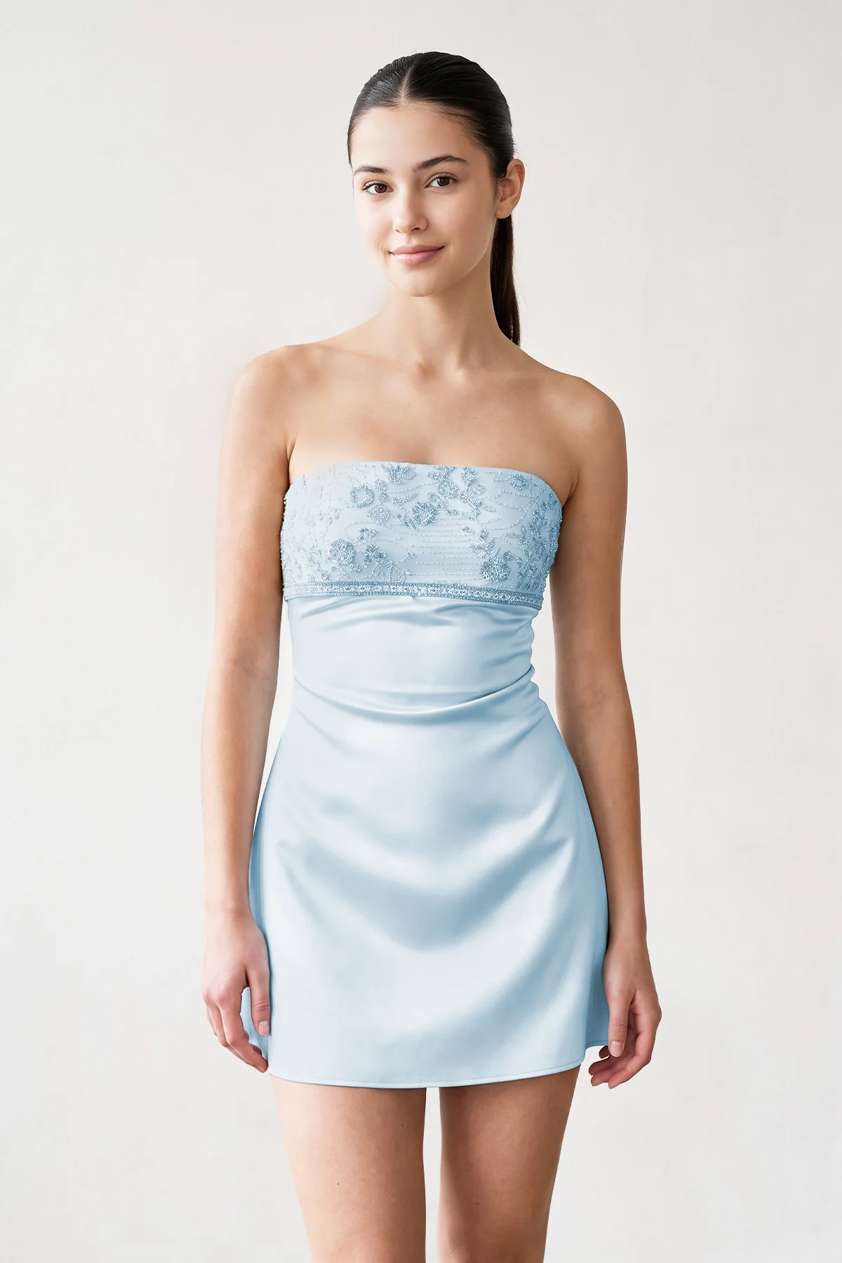 Aqua Strapless Appliqued Satin Sheath Homecoming Dress