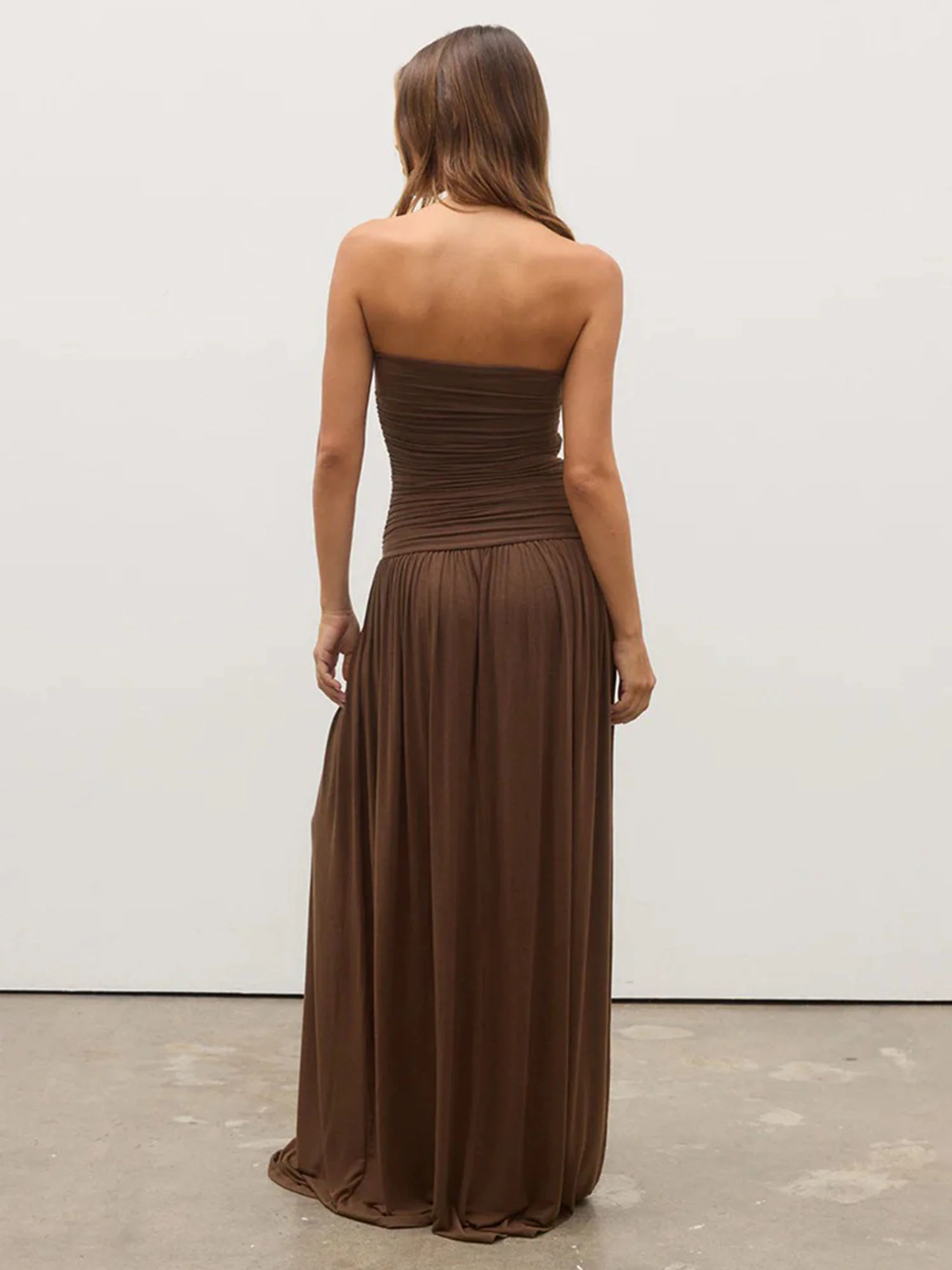Brown Strapless Ruched Maxi Dress