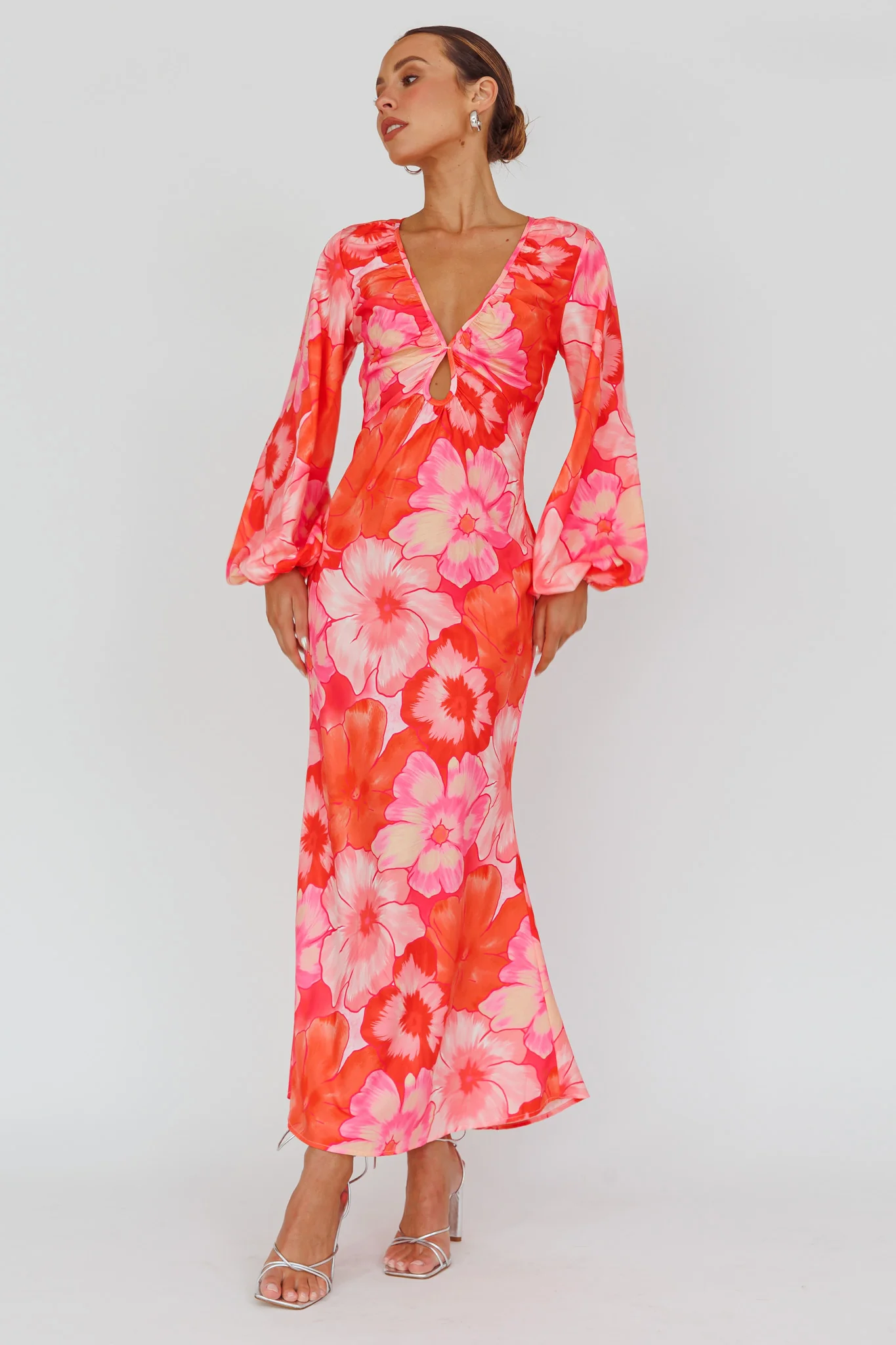 Yessica Balloon Sleeve Midi Dress Floral Pink