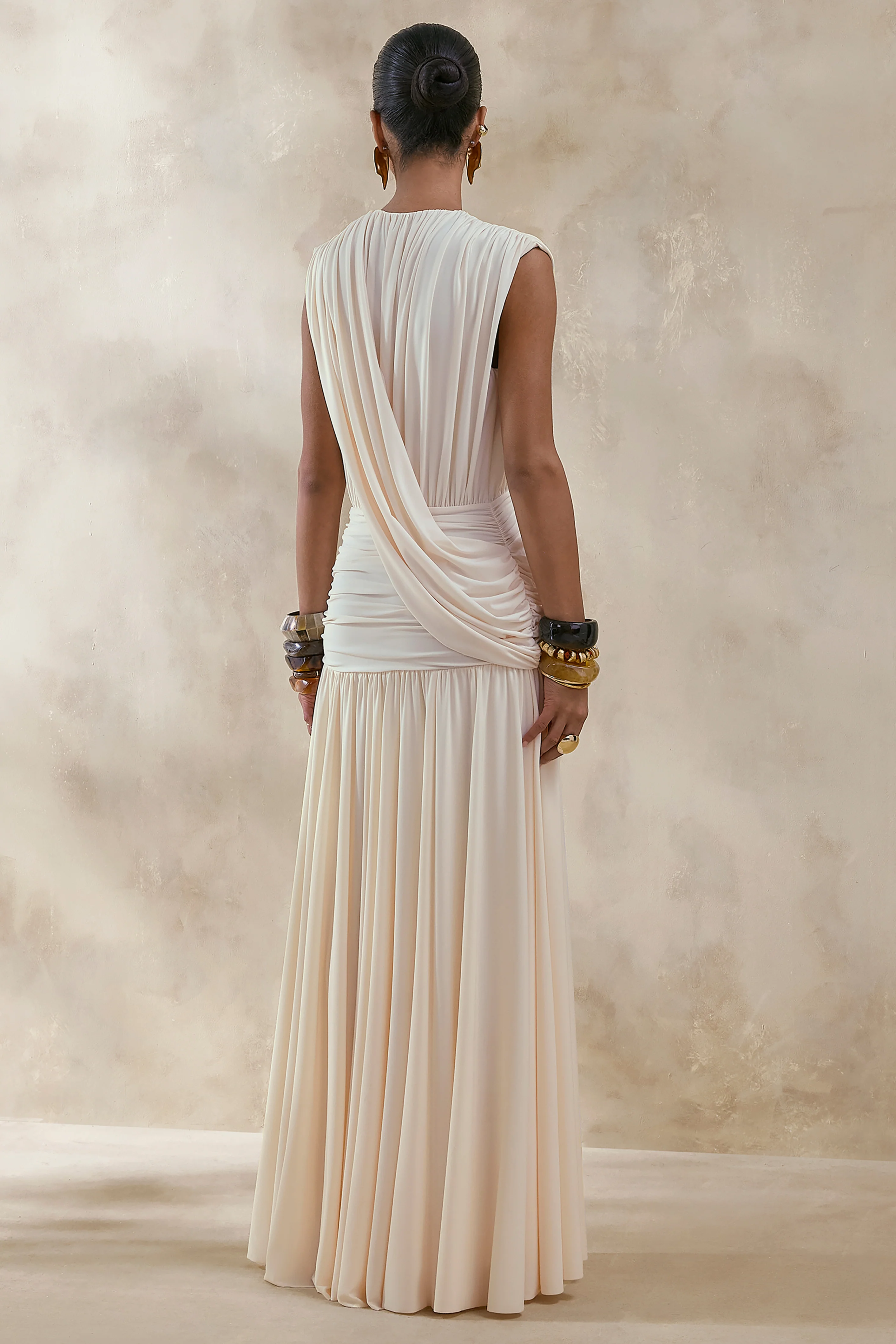 Glorina | Cream Plunge-Neck Maxi Dress With Draped-Detailing