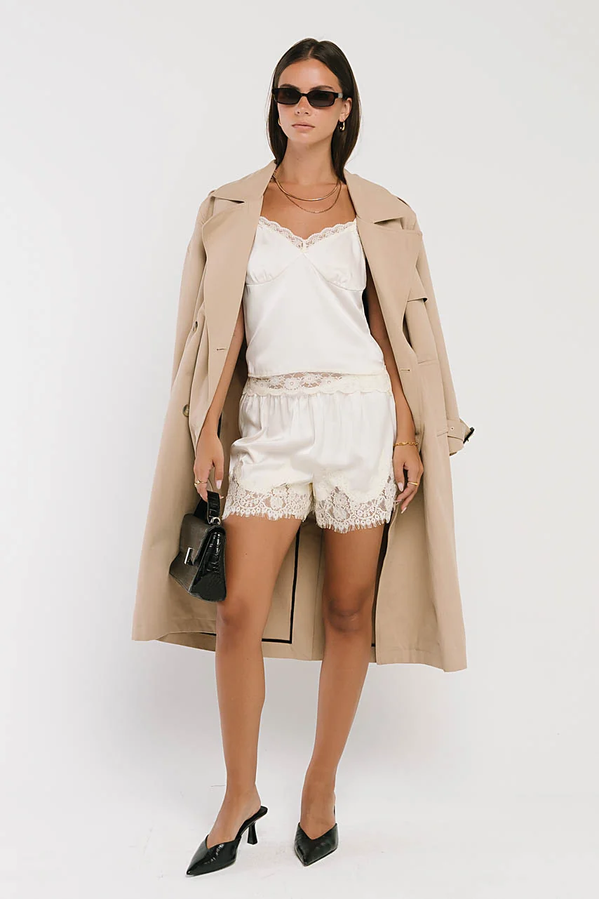 Bricelyn Lace Trim Satin Shorts in Cream