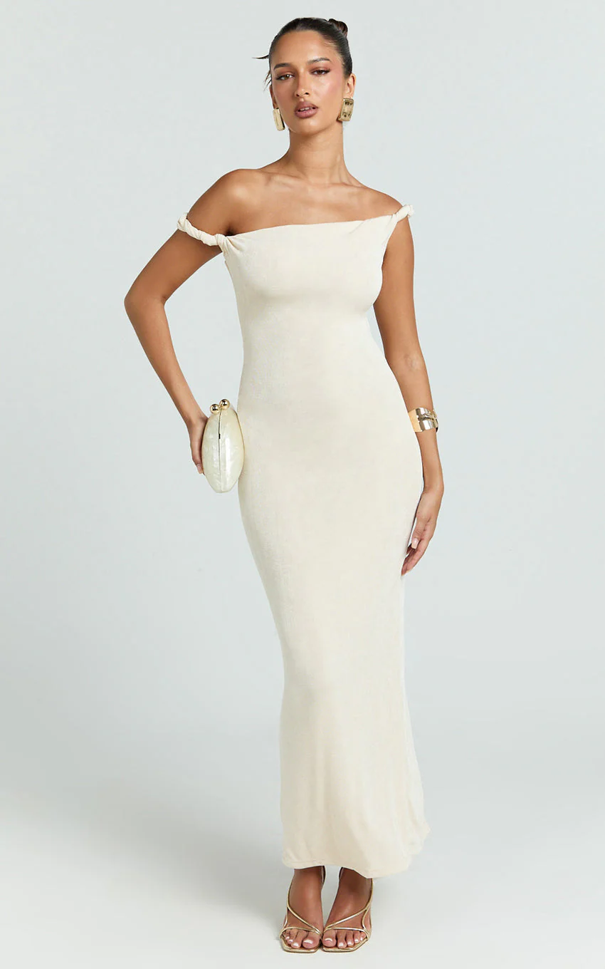 Isabel Midi Dress - Twist Off Shoulder Bodycon Dress in Cream