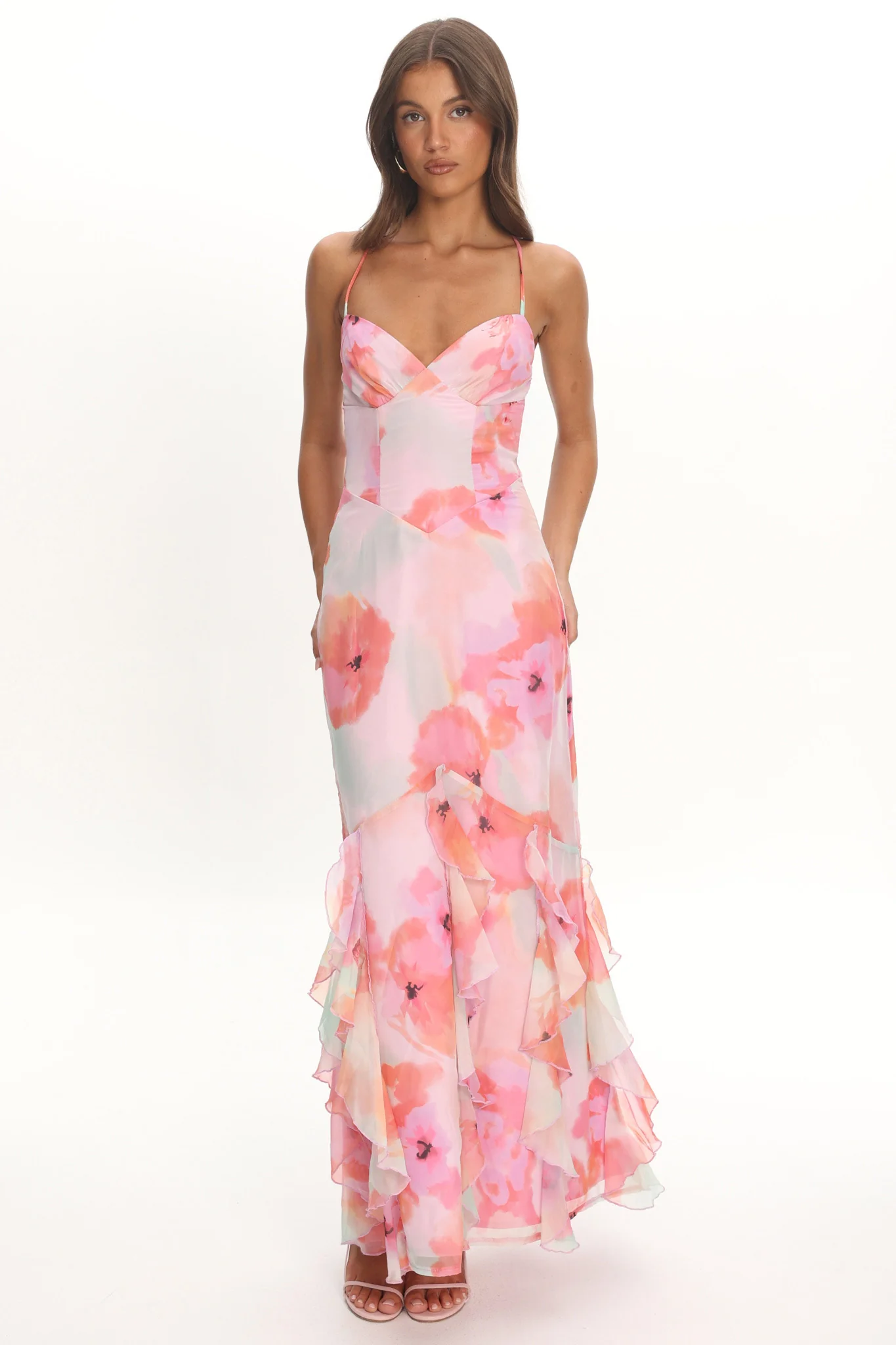 Charlisa Strappy Back Ruffle Maxi Dress Flowers Pink - luluinthesky