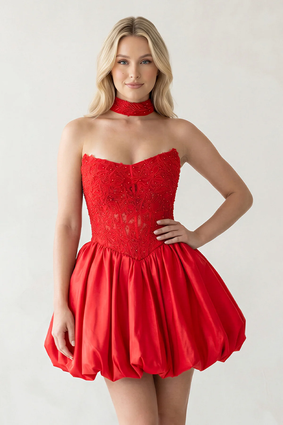 Red - A Line Strapless Corset Beaded Bubble Hem Homecoming Dress with Choker