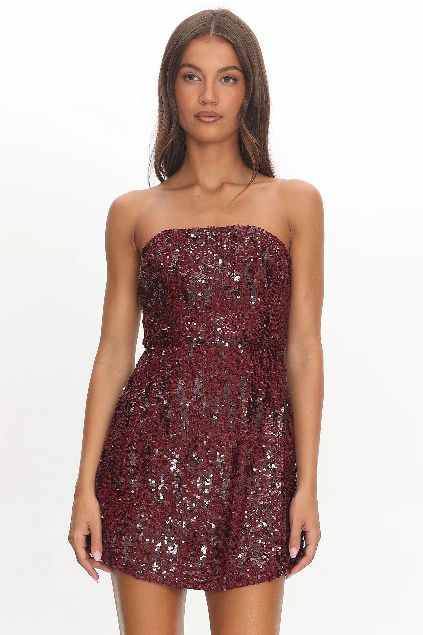 Entered The Chat Strapless Mini Dress Sequin Wine - luluinthesky