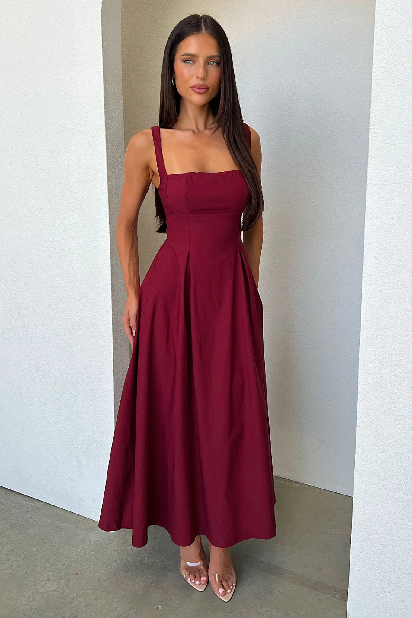 Chantelle Square Neck Midi Dress - Burgundy