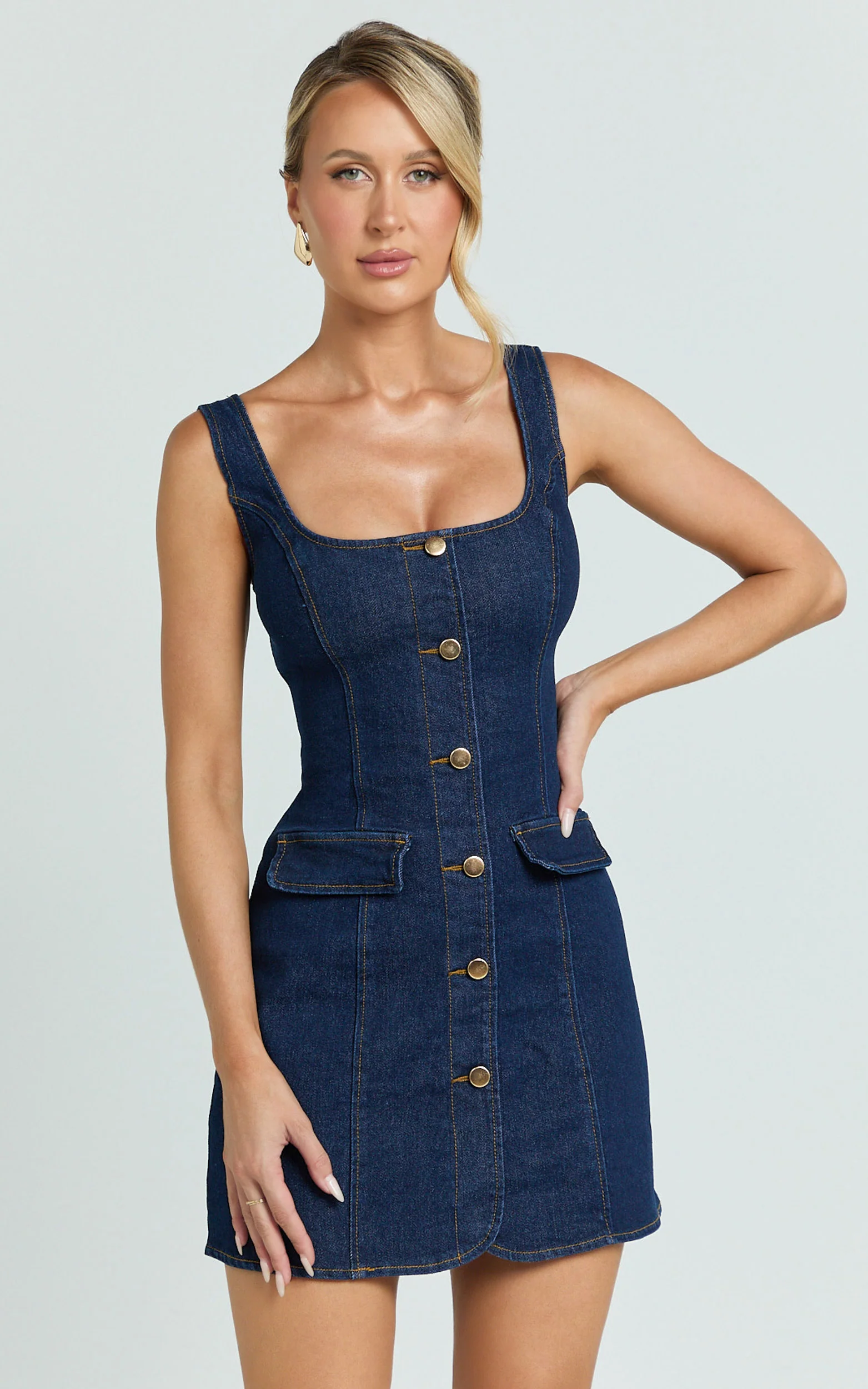 Valentina Mini Dress - Square Neck Button Down Denim Dress in Dark Blue Wash