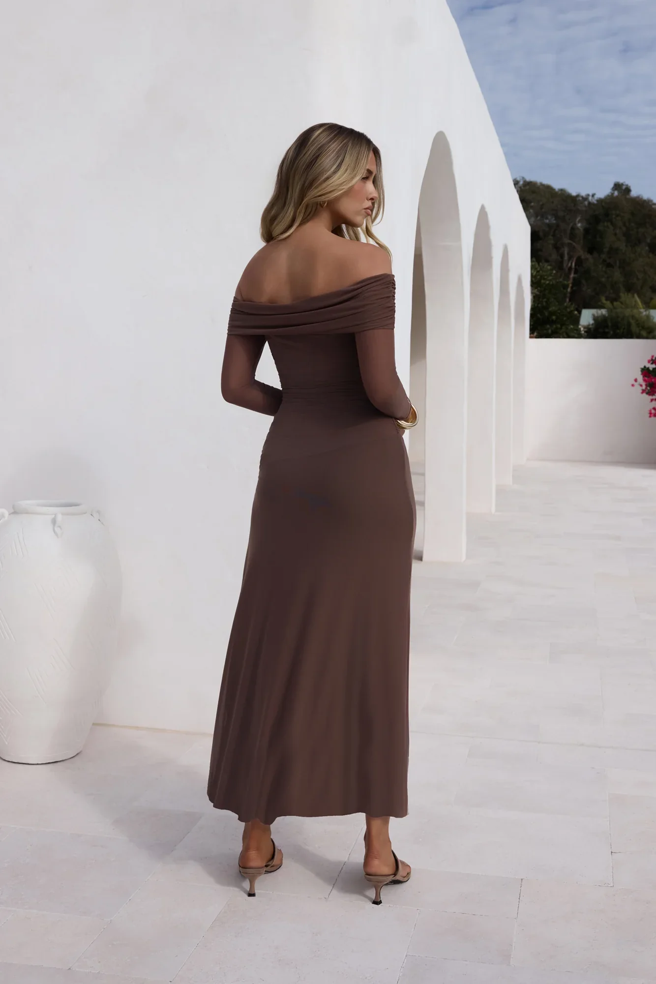 Horizon Luxe Off Shoulder Maxi Dress Coffee