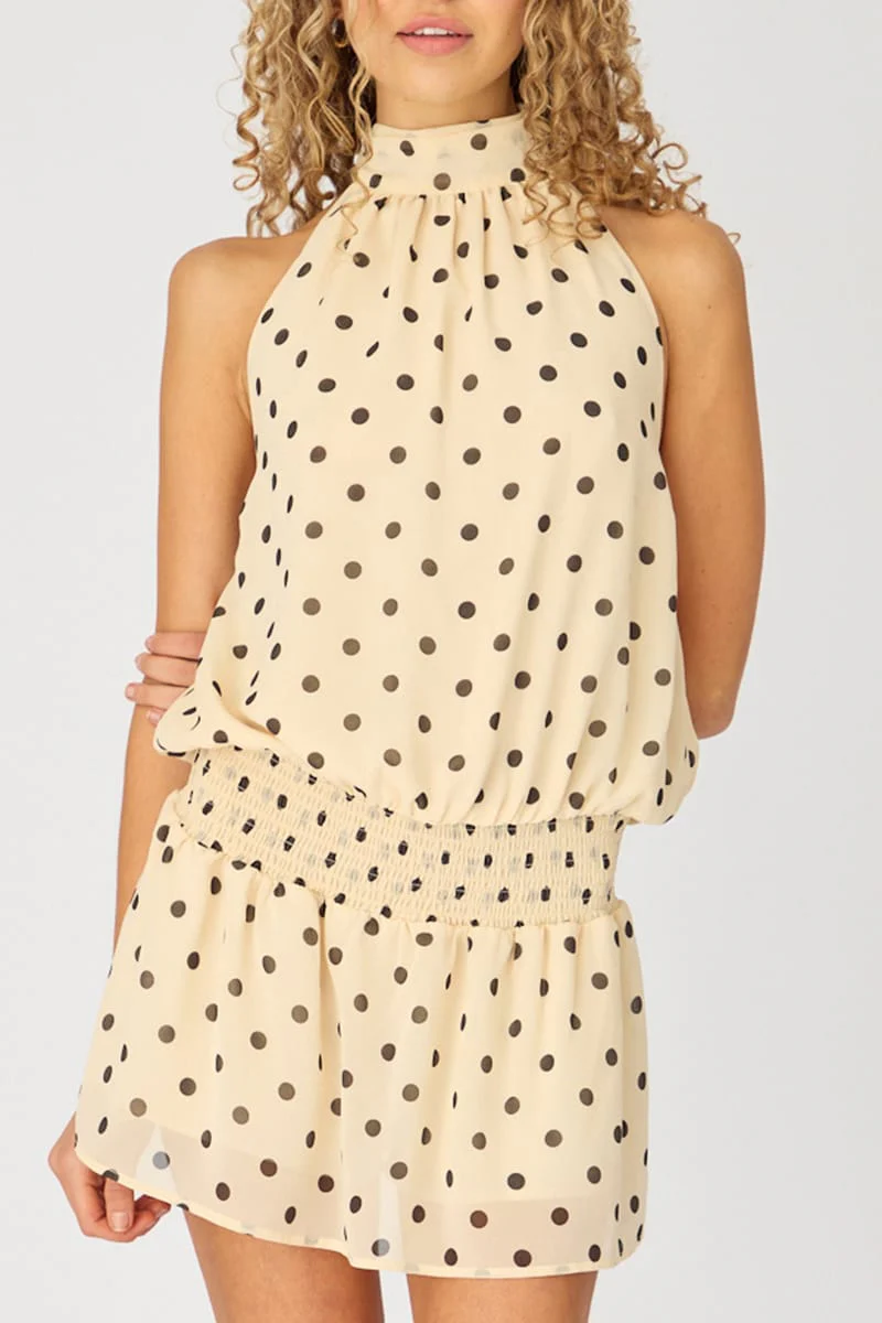 Beige Polka Dot High Neck Dress Mini Chiffon