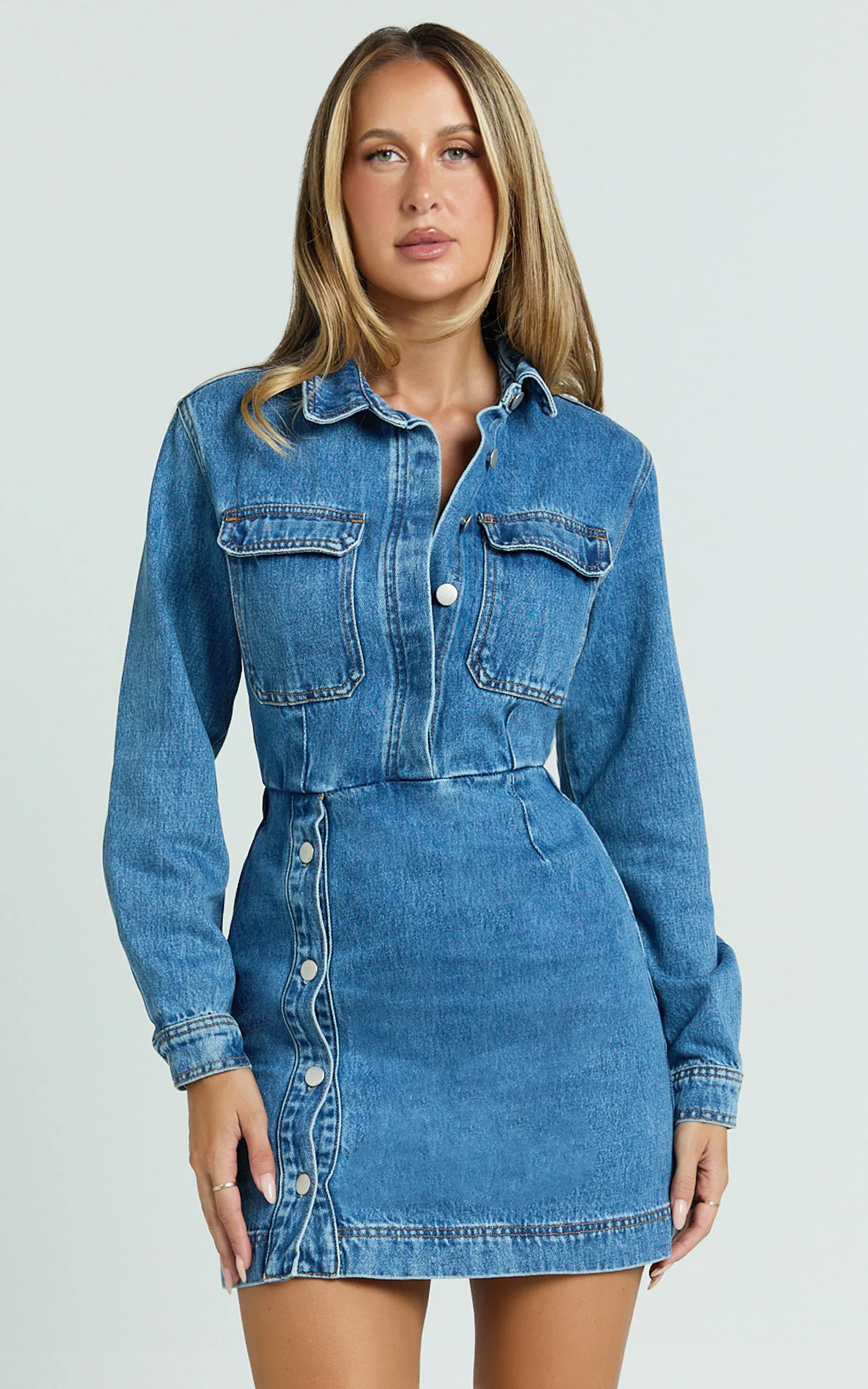 Ainsley Mini Dress - Button Through Long Sleeve Denim Dress in Mid Blue Wash