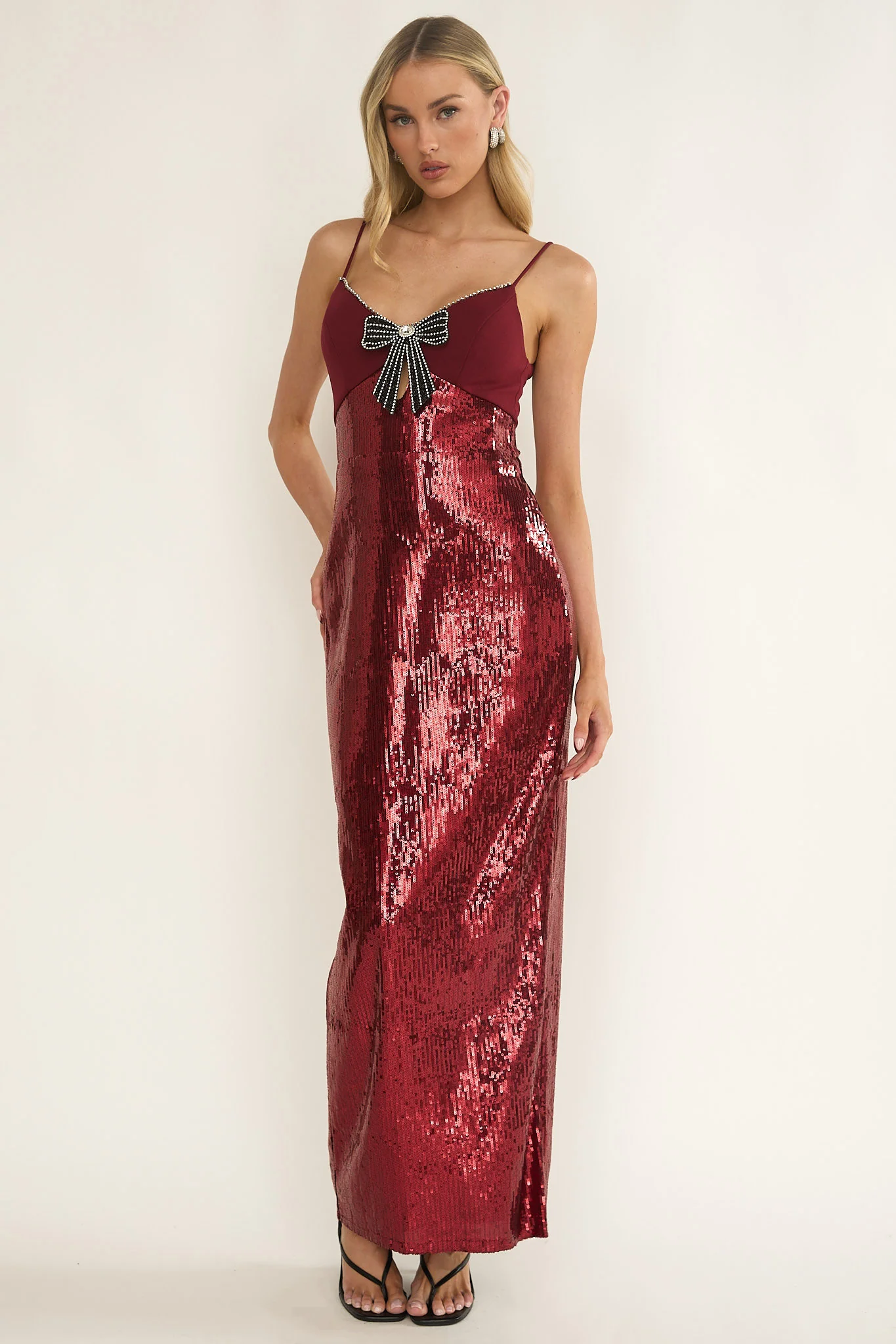 Nolani Sequin Bow & Diamante Maxi Dress Wine