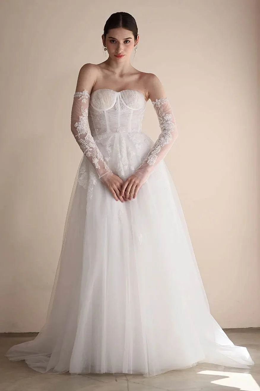 A-Line Sweep-Brush Train Lace Tulle Wedding Dress CW3552