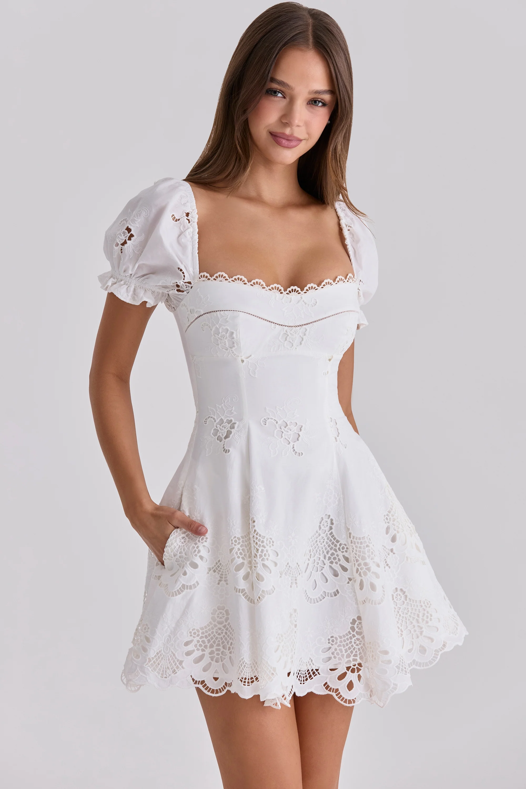 White Custom Lace + Cotton Broderie Anglaise Mini Dress