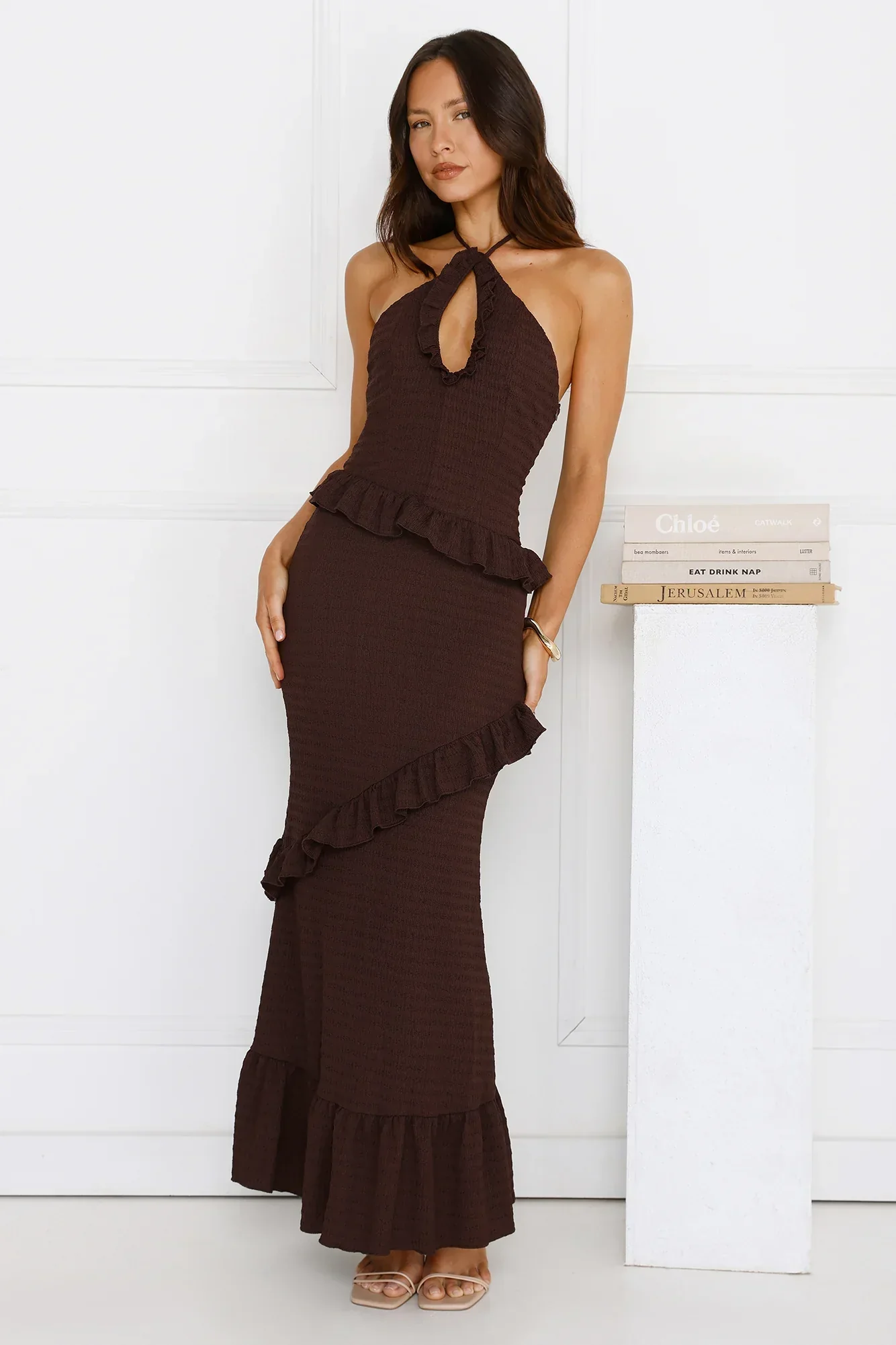 Mango Mojito Halter Maxi Dress Brown