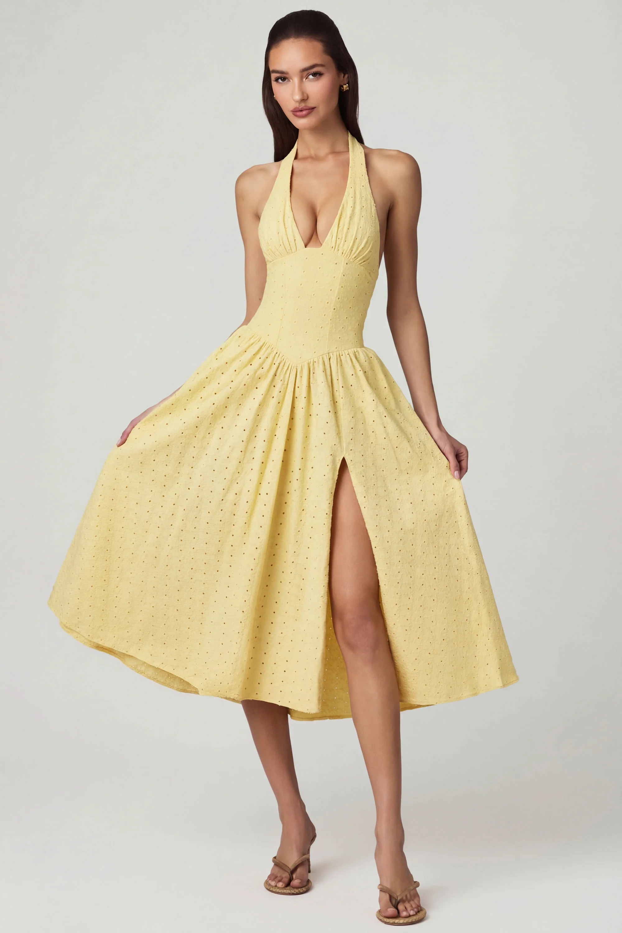Modal Broderie Anglaise Halterneck Midaxi Dress in Lemon Yellow