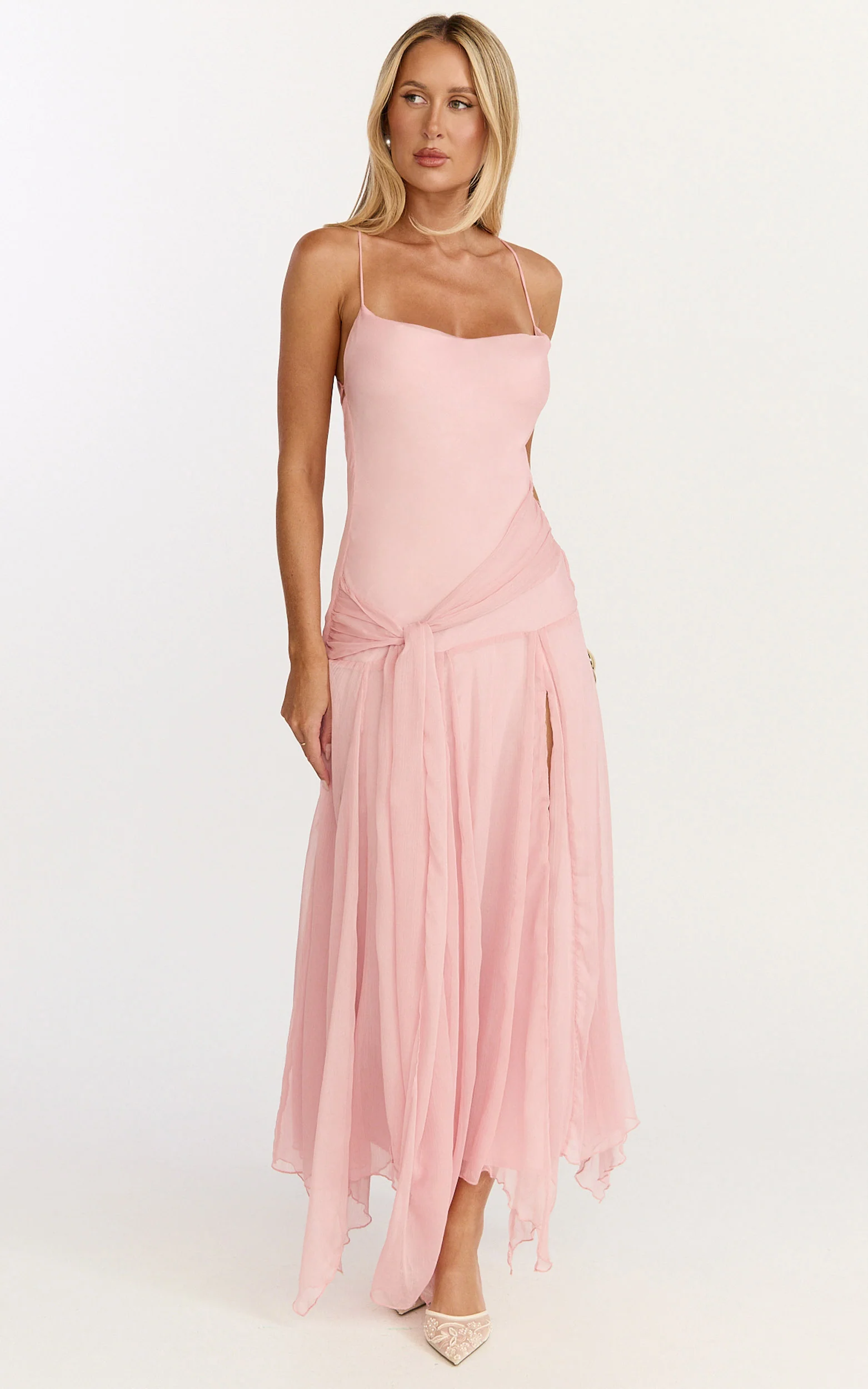 Idris Maxi Dress - Cowl Neck Draped Sash Godet Dress in Soft Pink