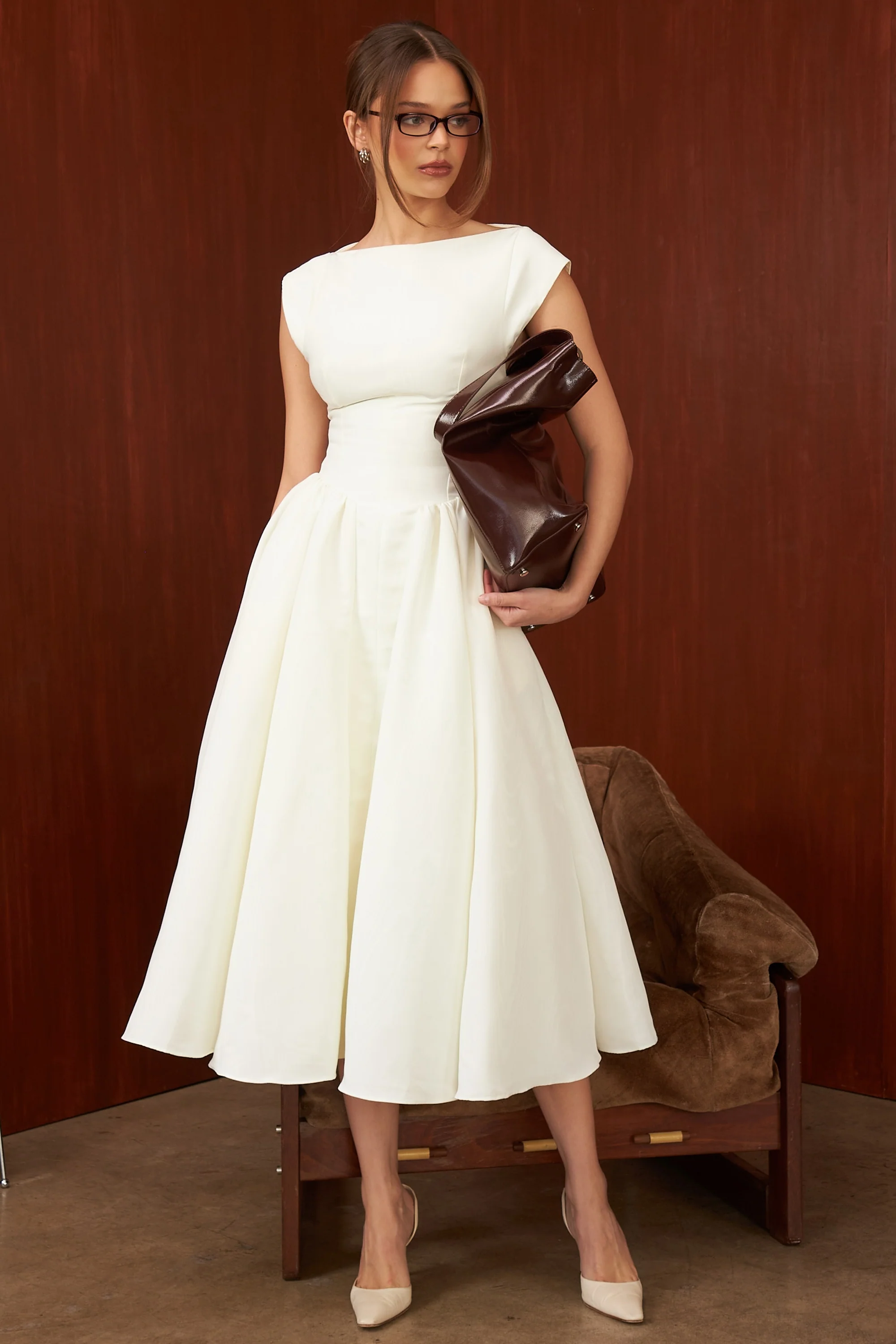 Ivory Moire Satin Midi Dress