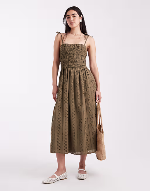 Miss Selfridge strappy broderie maxi dress in khaki