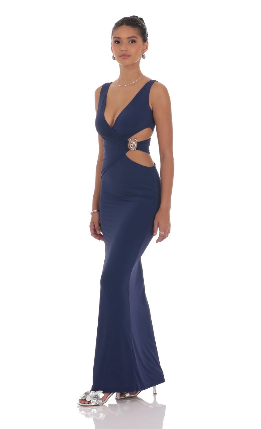 V-Neck Conch Cutout Maxi Dress in Navy