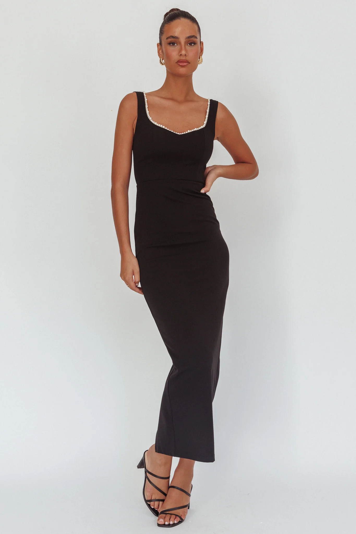 This Magic Moment Pearl Trim Maxi Dress Black - luluinthesky
