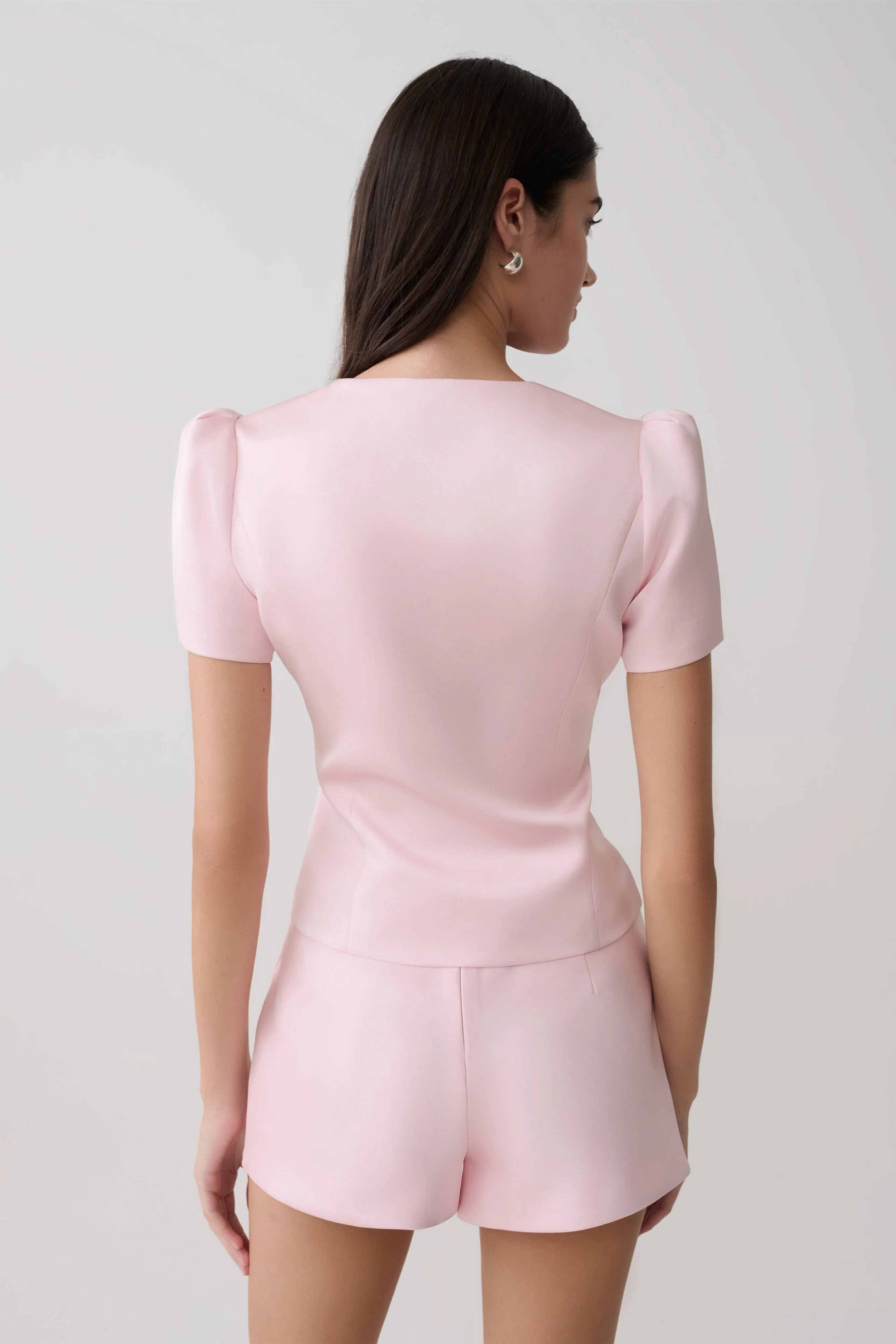 Anne Short Sleeve Satin Top - Pale Pink