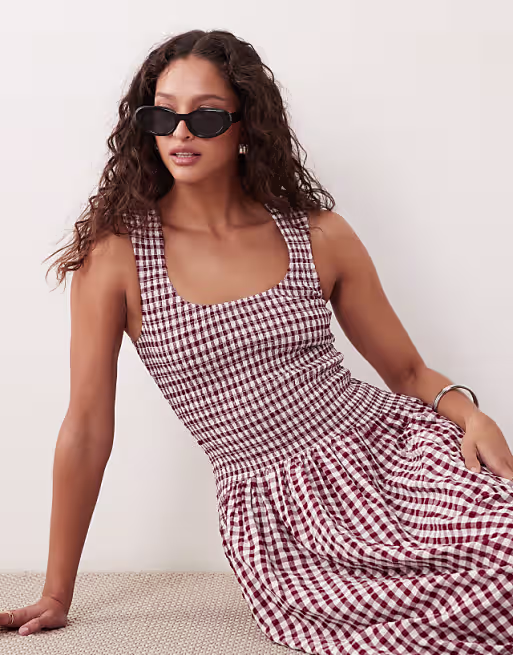 scoop neck crinkle maxi sundress with shirred waist in burgundy and cream gingham