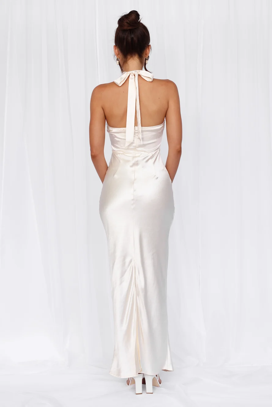 The Cleo Halter Satin Maxi Dress Pearl