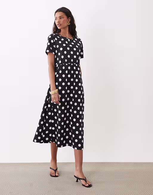 Threadbare jersey short sleeve midi dress in black and white polka dot print