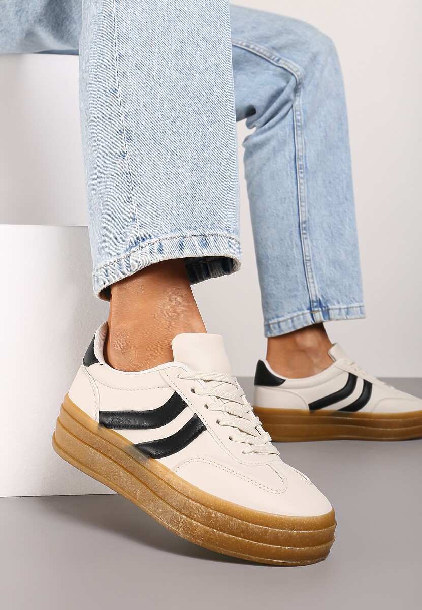 Beżowe Sneakersy na Grubszej Podeszwie z Przeszyciami Erisosa