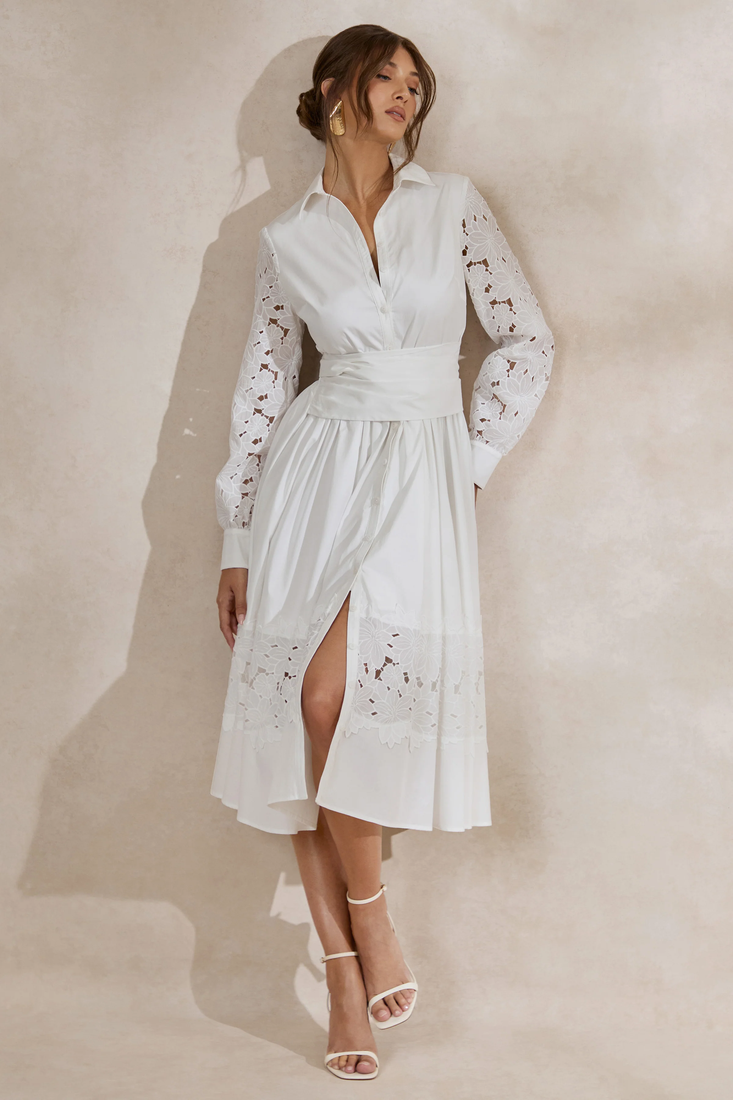 Zalynne | White Broderie Collared-Neck Midi Dress