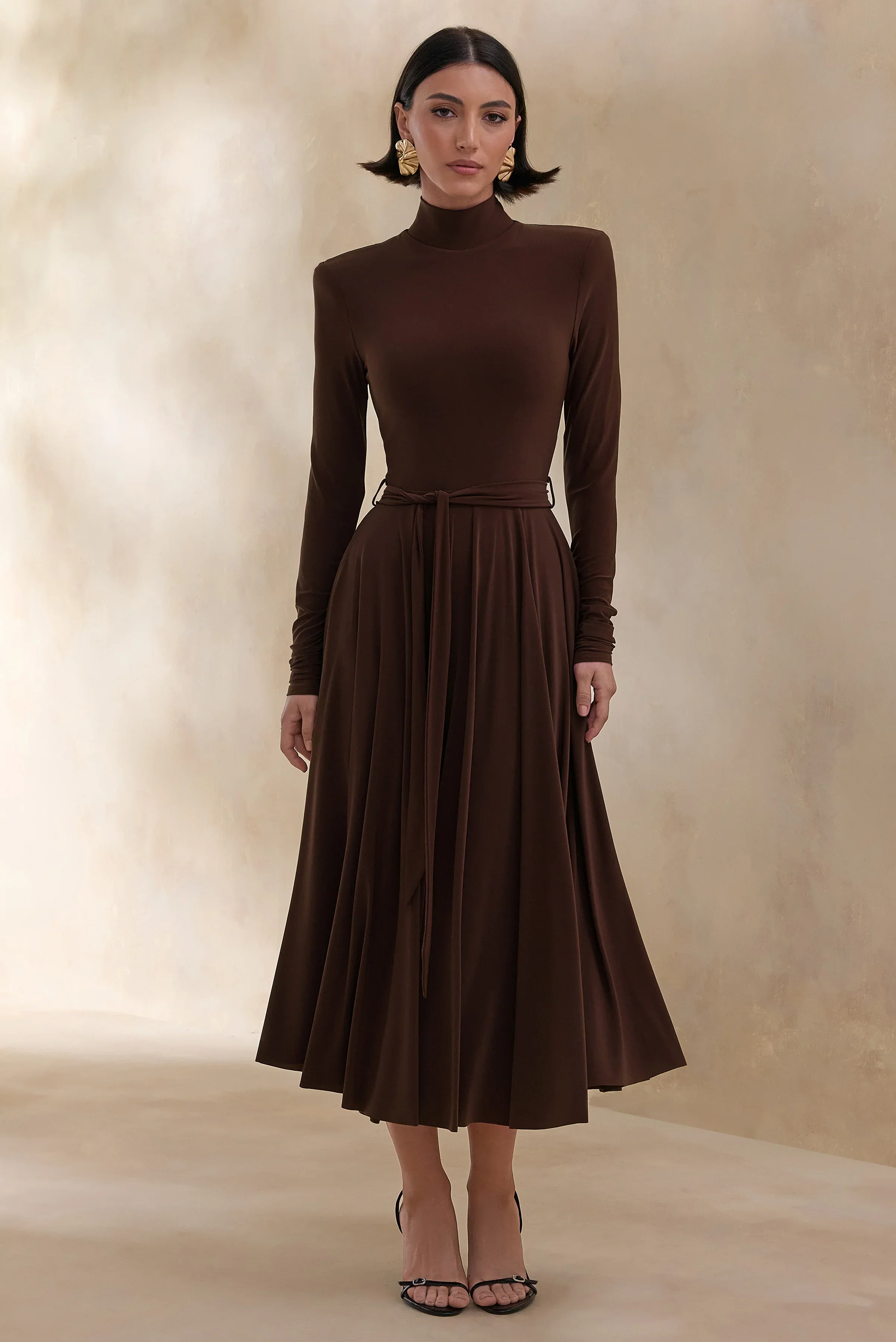 Opalia | Brown High-Neck Belted Midi Dress