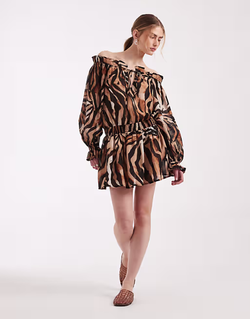 Aray sheer off the shoulder mini beach dress in animal print