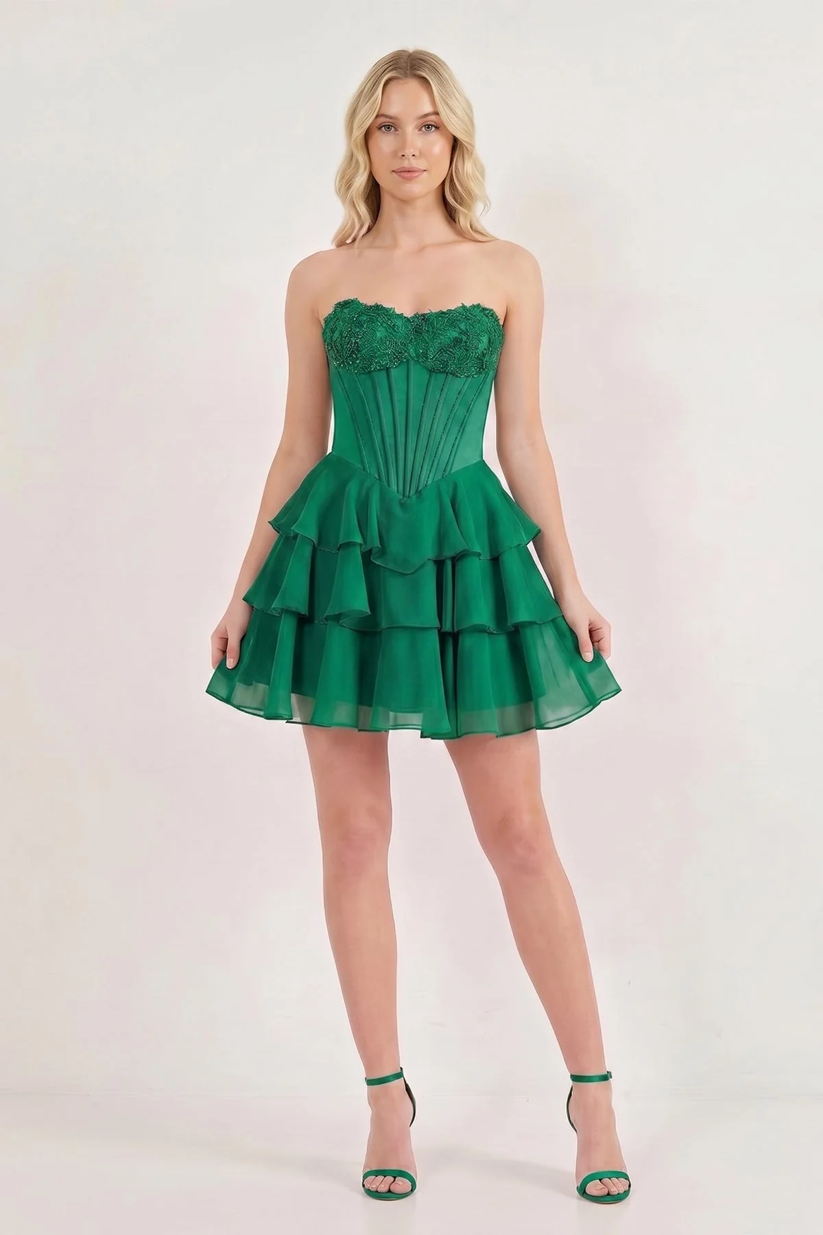 Pink Strapless Tiered A-Line Ruffled Chiffon Appliqued Homecoming Dress