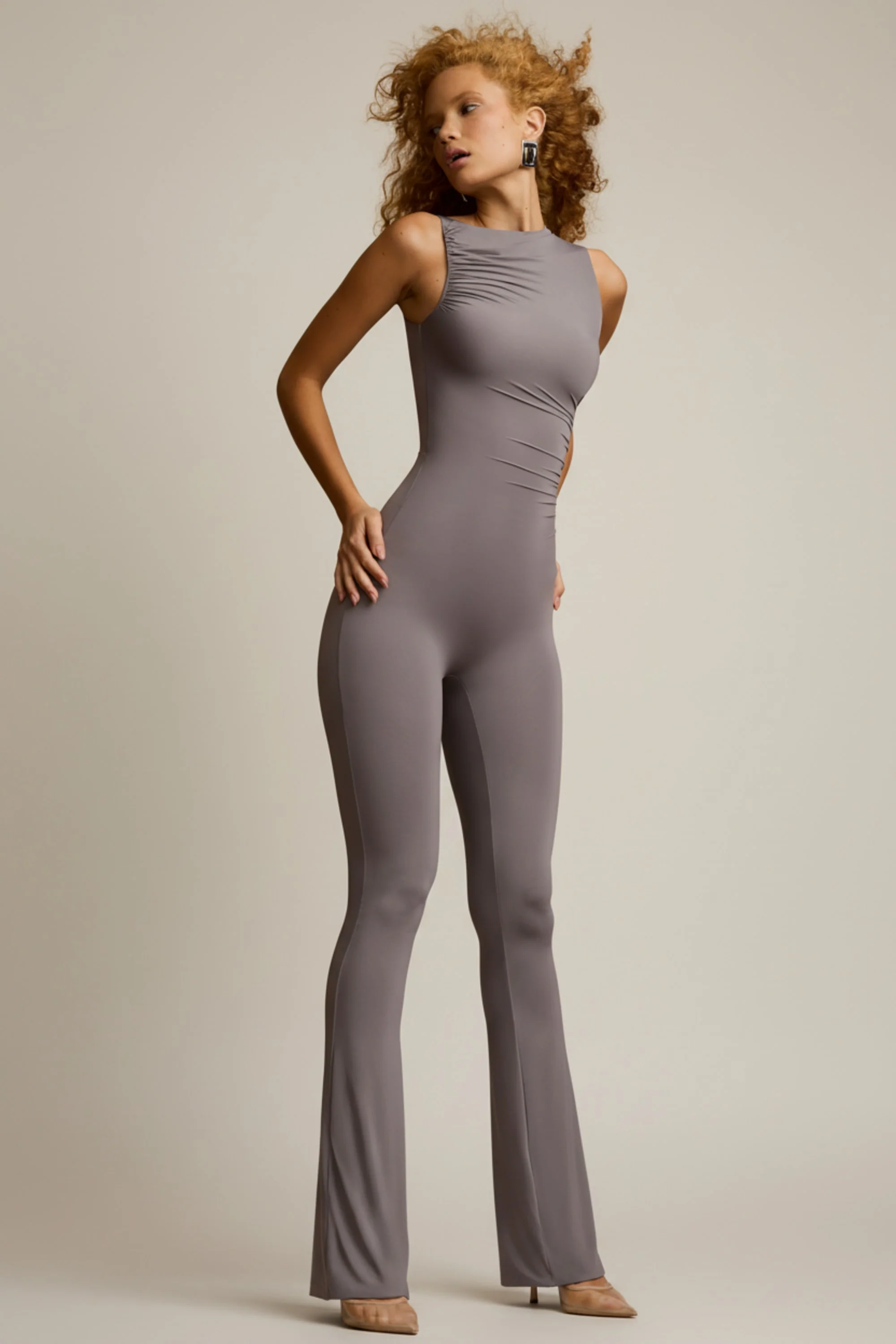 Asymmetric Ruched Flared Jumpsuit in Steel Grey