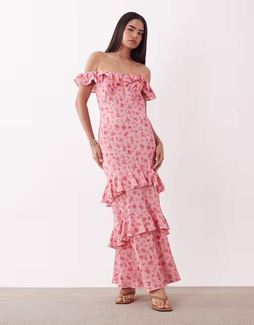 YAS off-shoulder ruffle maxi dress in pink floral