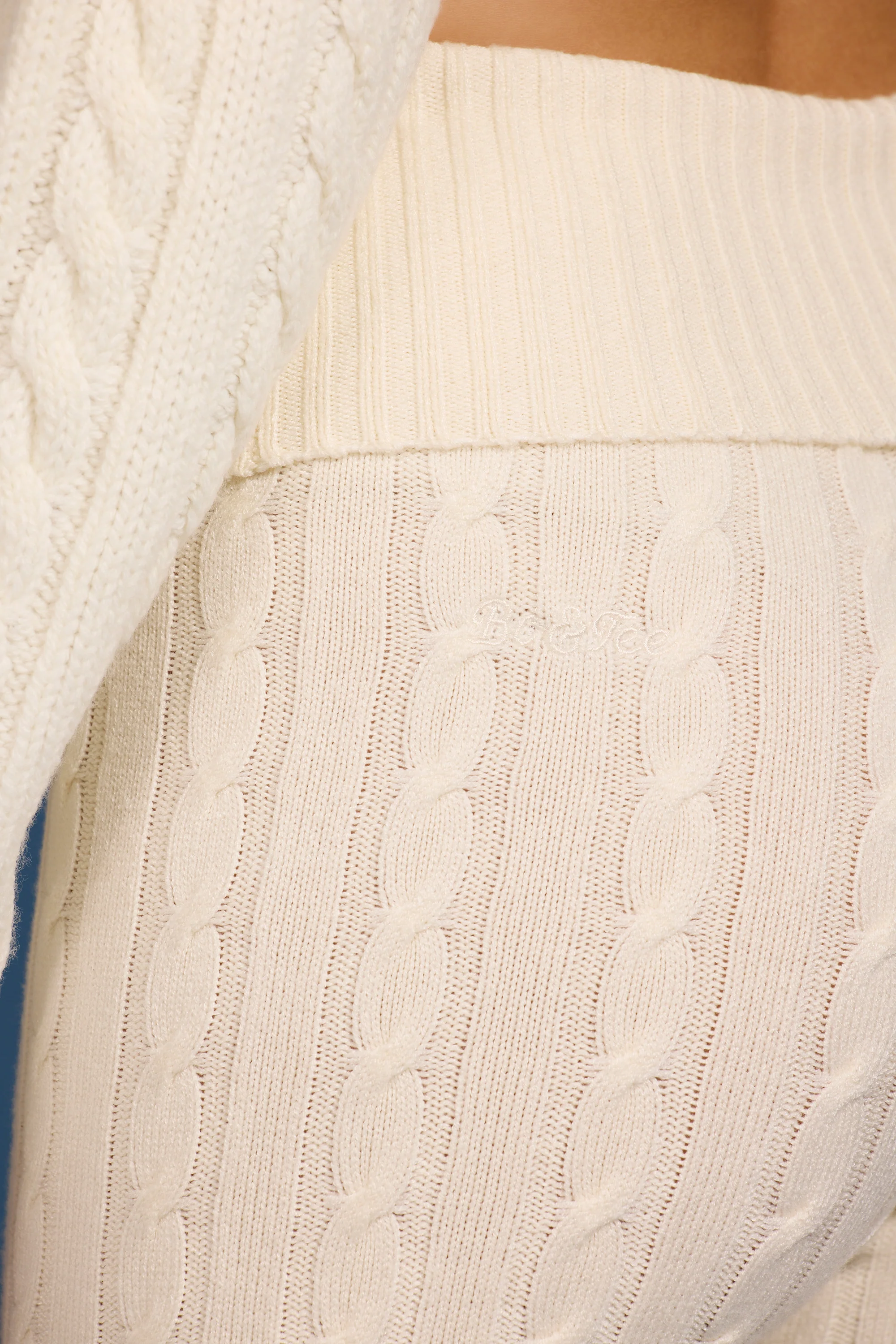 Cable Knit Foldover Flared Trousers in Cream