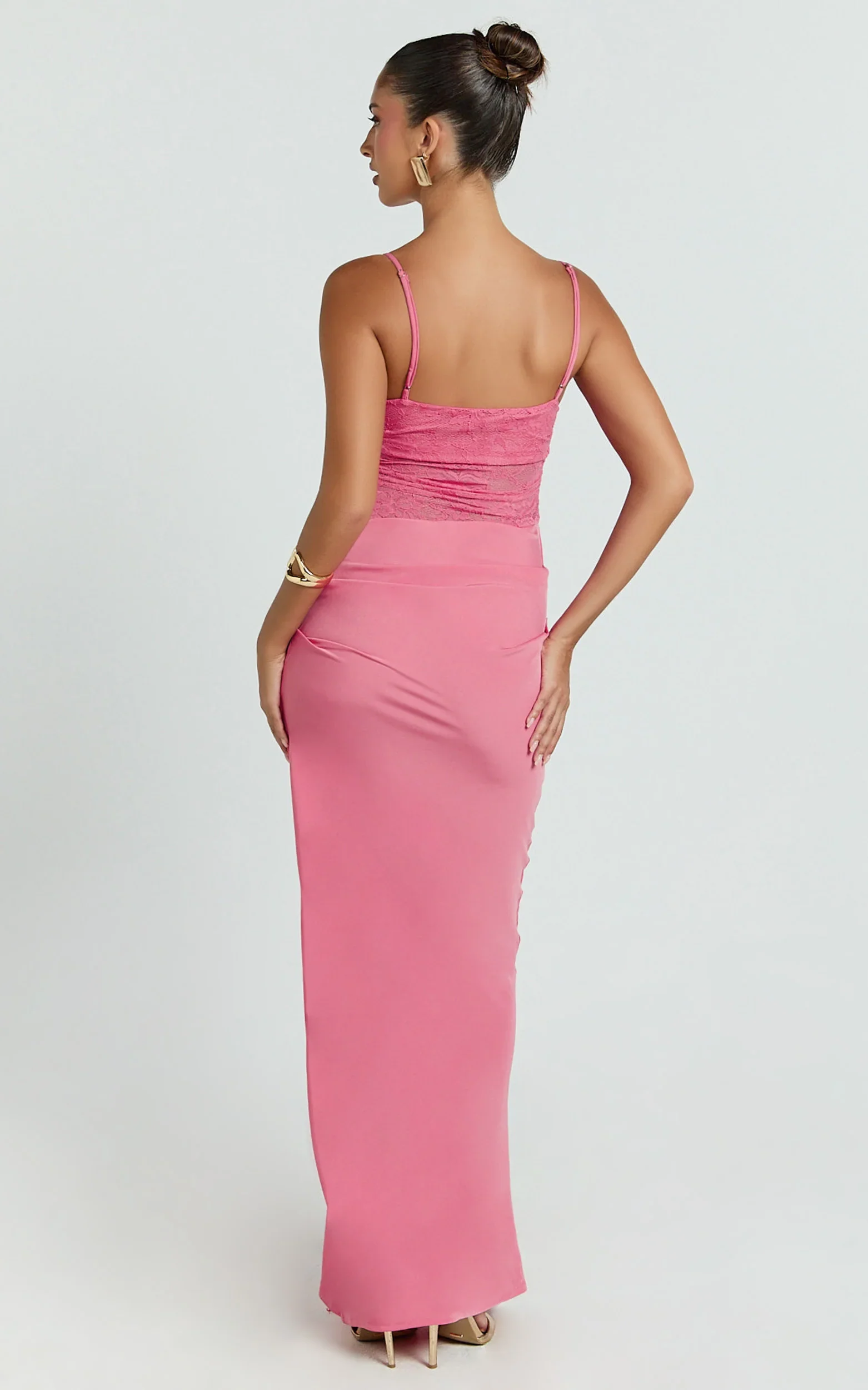 Rania Maxi Dress - Contrast Lace Bodice Bias Cowl Drop Waist Dress in Dark Pink