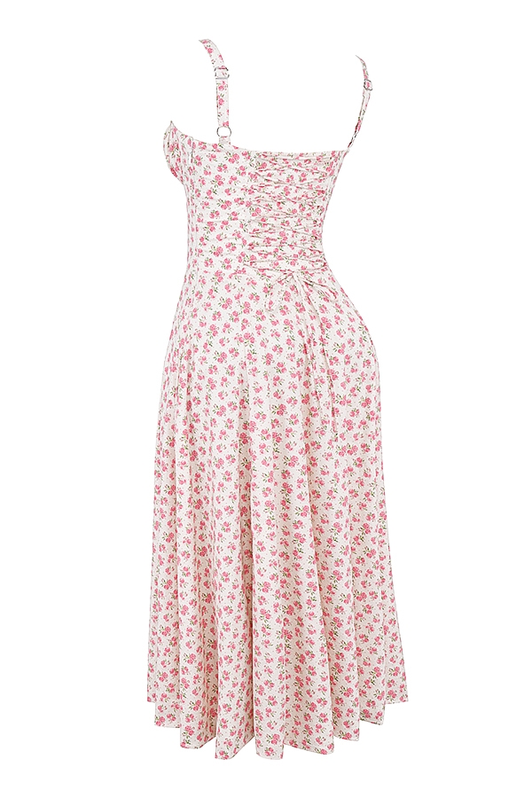 White Rosebud Print Cotton Bustier Sundress